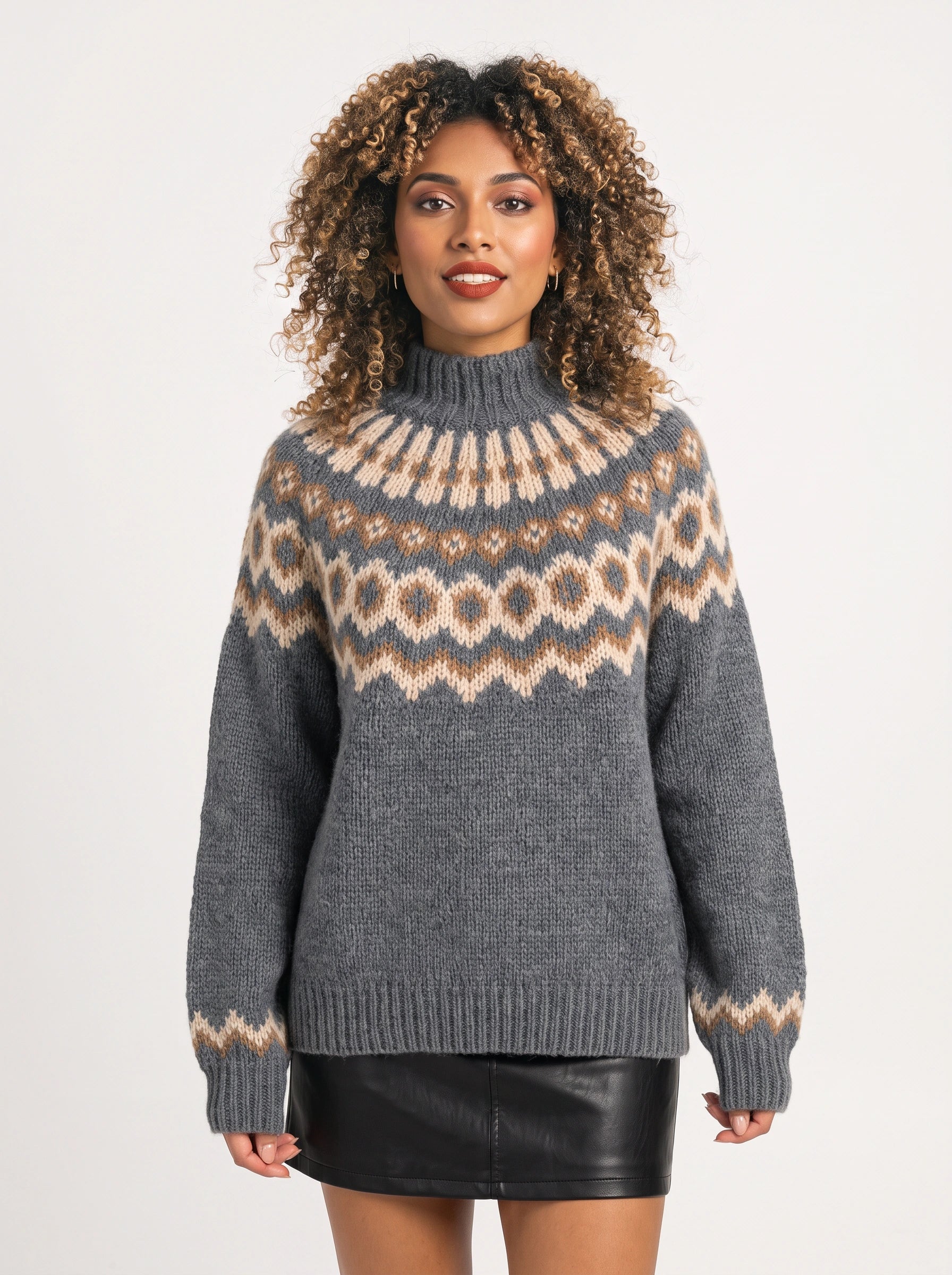 Fjordvik Fair Isle Turtleneck Sweater – Nordic Knit Jumper Women Oversized Pullover Winter Cozy Turtleneck