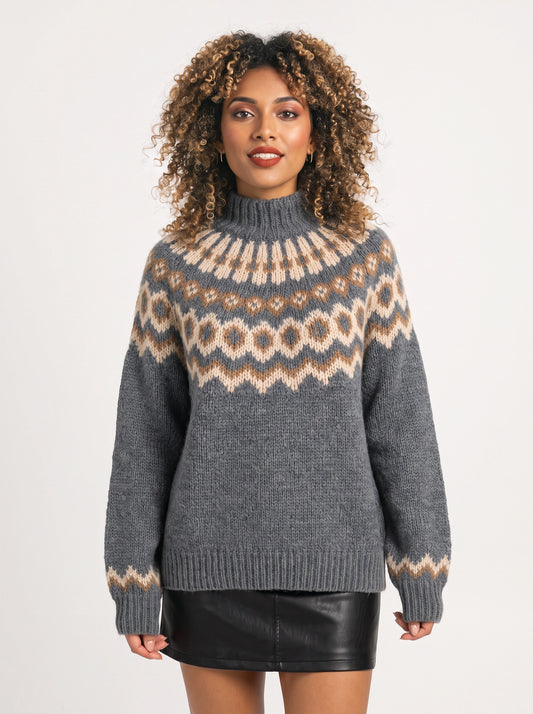Fjordvik Fair Isle Turtleneck Sweater – Nordic Knit Jumper Women Oversized Pullover Winter Cozy Turtleneck