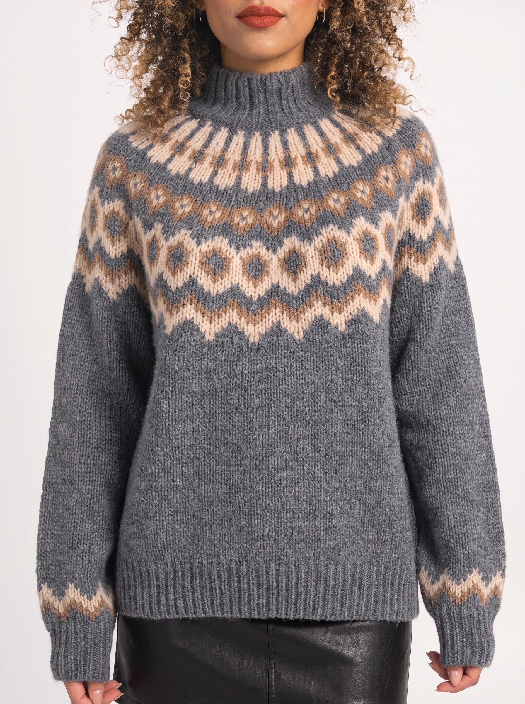 Fjordvik Fair Isle Turtleneck Sweater – Nordic Knit Jumper Women Oversized Pullover Winter Cozy Turtleneck