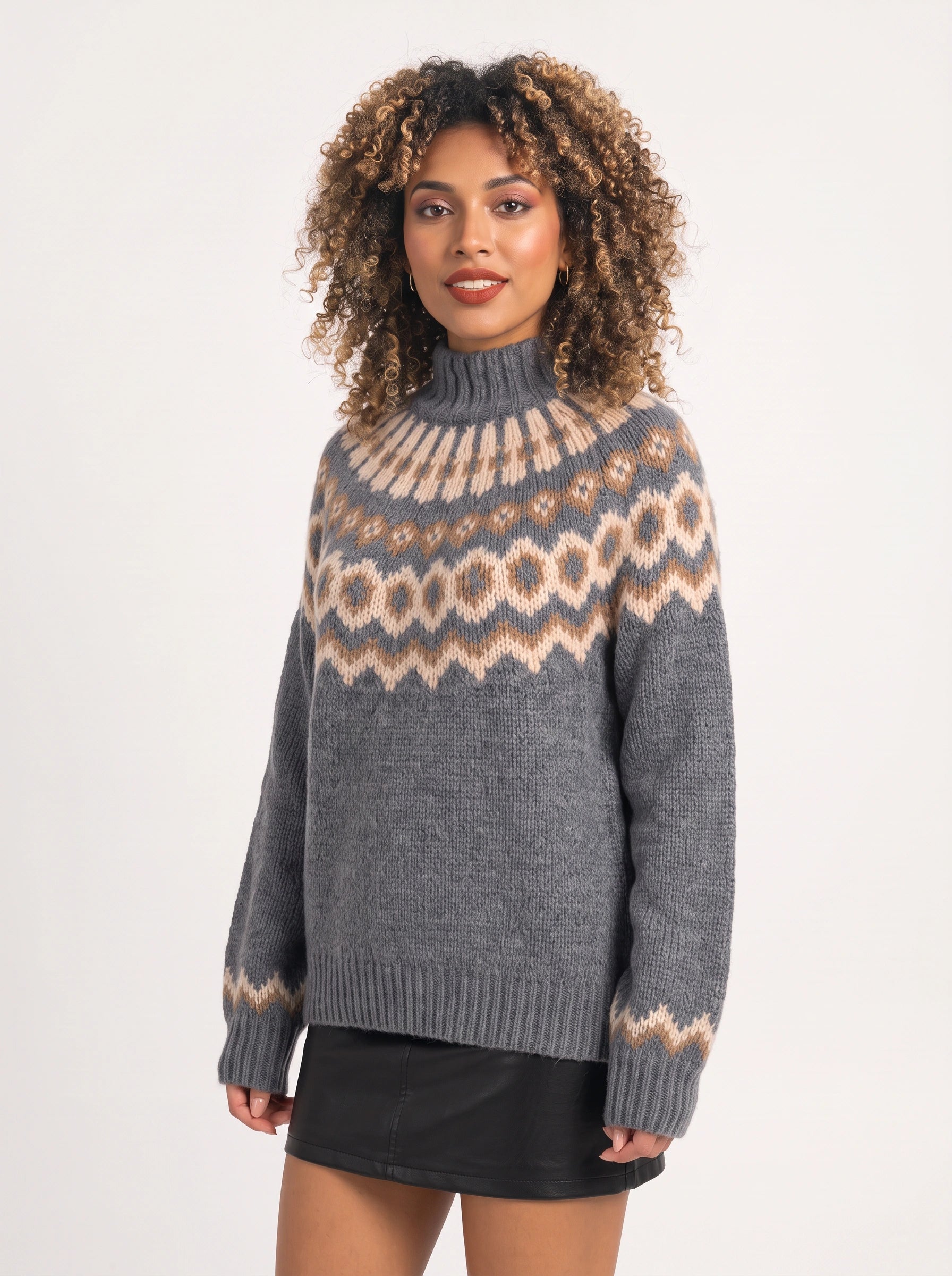 Fjordvik Fair Isle Turtleneck Sweater – Nordic Knit Jumper Women Oversized Pullover Winter Cozy Turtleneck
