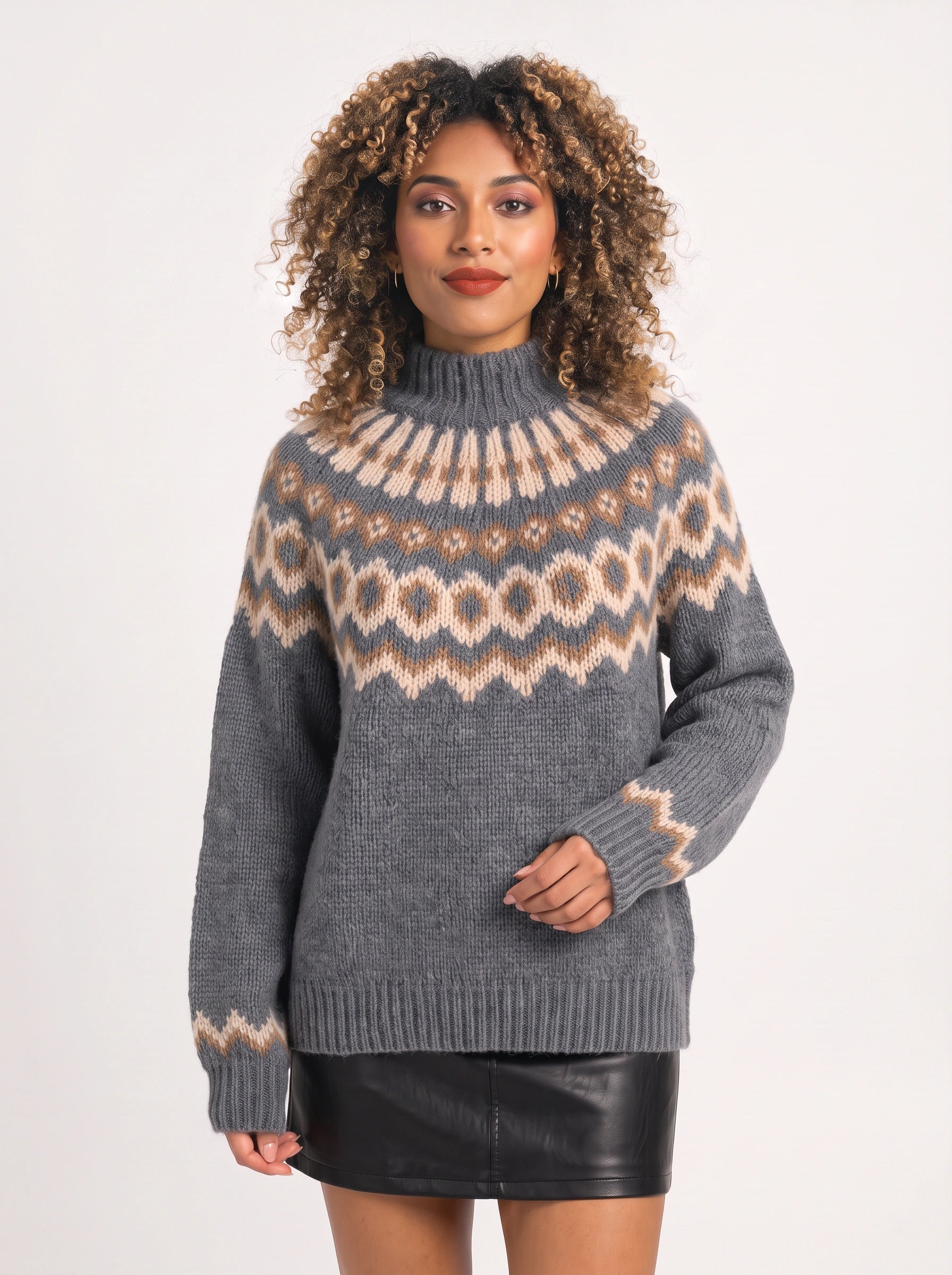 Fjordvik Fair Isle Turtleneck Sweater – Nordic Knit Jumper Women Oversized Pullover Winter Cozy Turtleneck