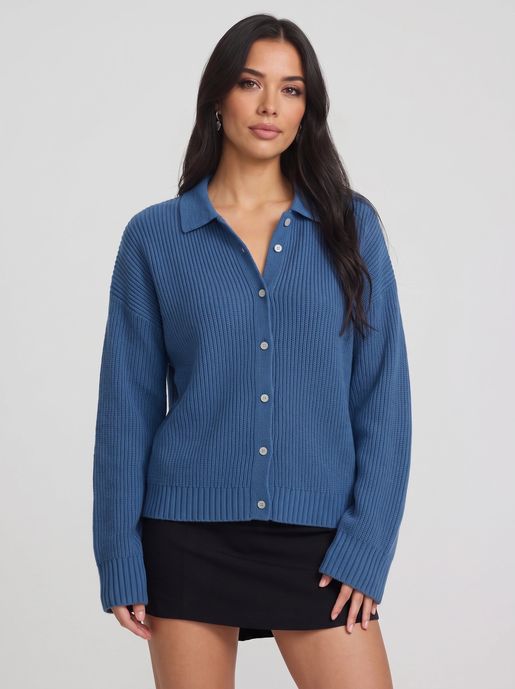 Ridgeknit Collared Button-Up Cardigan – Ribbed Knit Cardigan Sweater Women Casual Relaxed Fit Oversized Longline Top