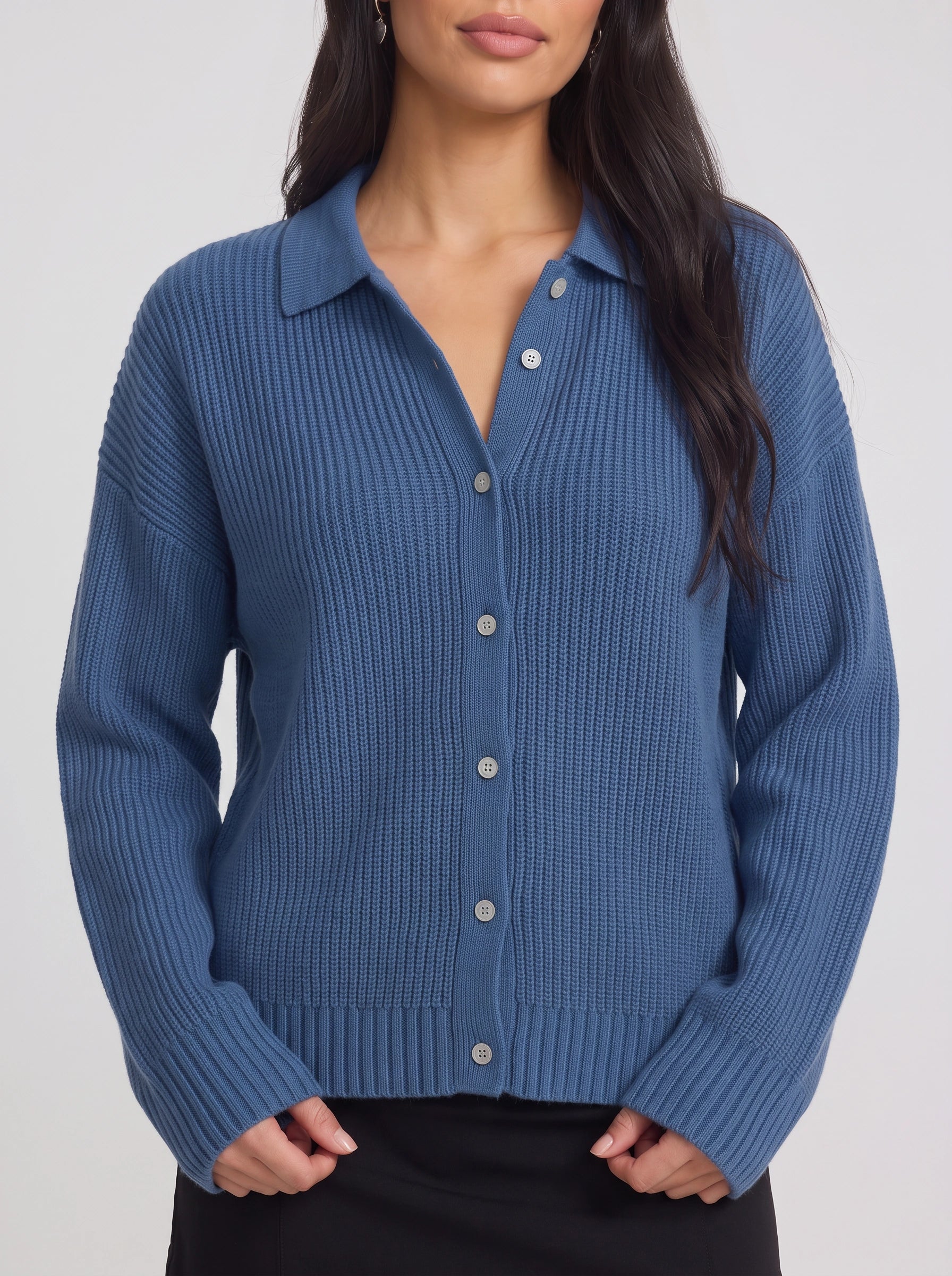 Ridgeknit Collared Button-Up Cardigan – Ribbed Knit Cardigan Sweater Women Casual Relaxed Fit Oversized Longline Top