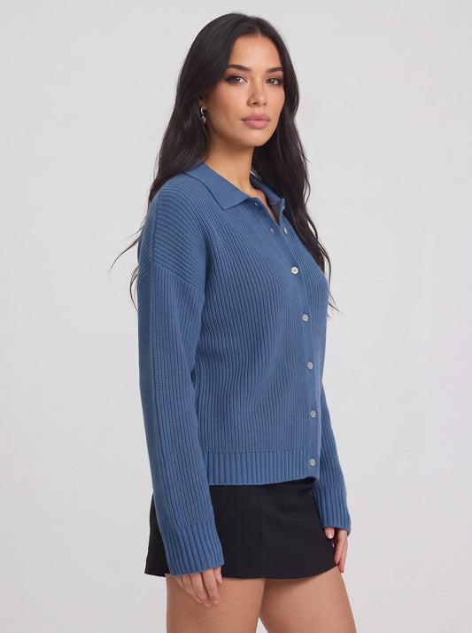 Ridgeknit Collared Button-Up Cardigan – Ribbed Knit Cardigan Sweater Women Casual Relaxed Fit Oversized Longline Top