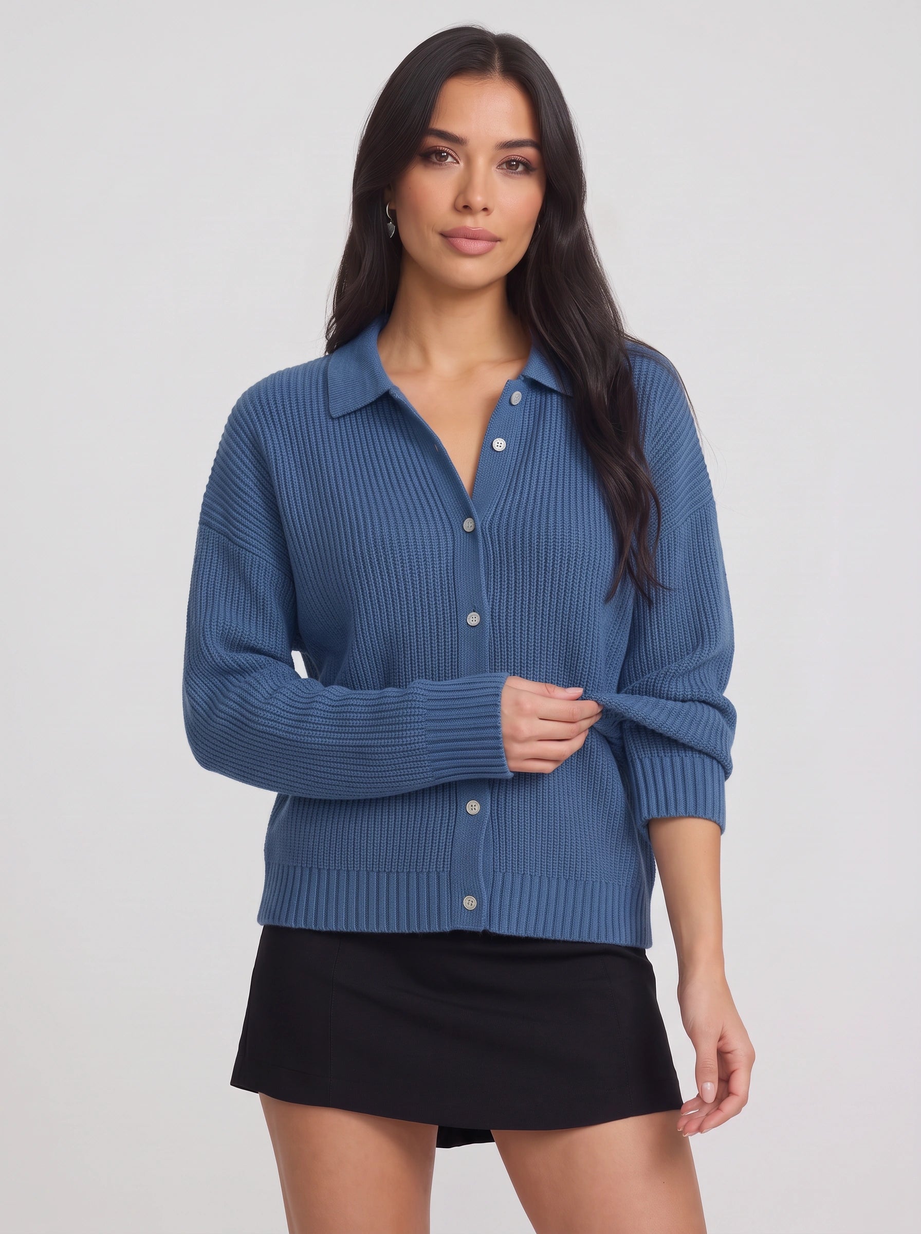 Ridgeknit Collared Button-Up Cardigan – Ribbed Knit Cardigan Sweater Women Casual Relaxed Fit Oversized Longline Top