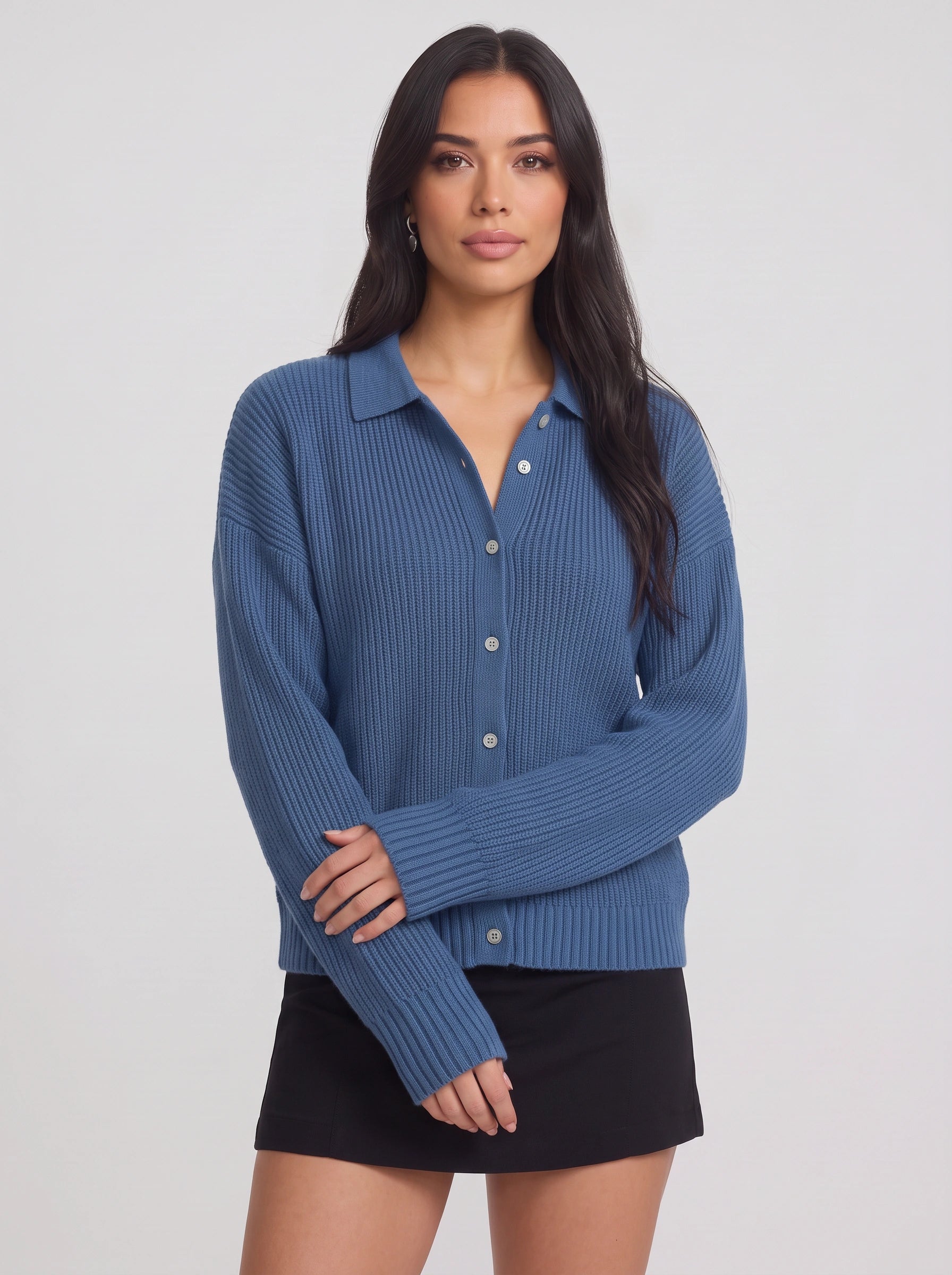 Ridgeknit Collared Button-Up Cardigan – Ribbed Knit Cardigan Sweater Women Casual Relaxed Fit Oversized Longline Top