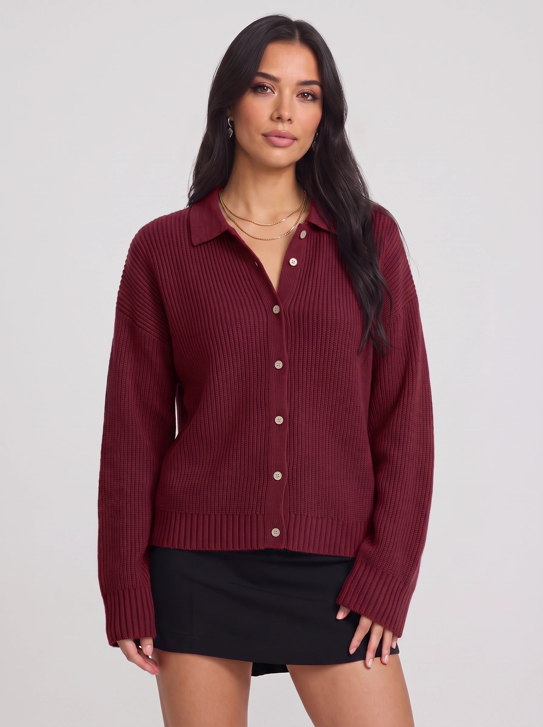 Ridgeknit Collared Button-Up Cardigan – Ribbed Knit Cardigan Sweater Women Casual Relaxed Fit Oversized Longline Top
