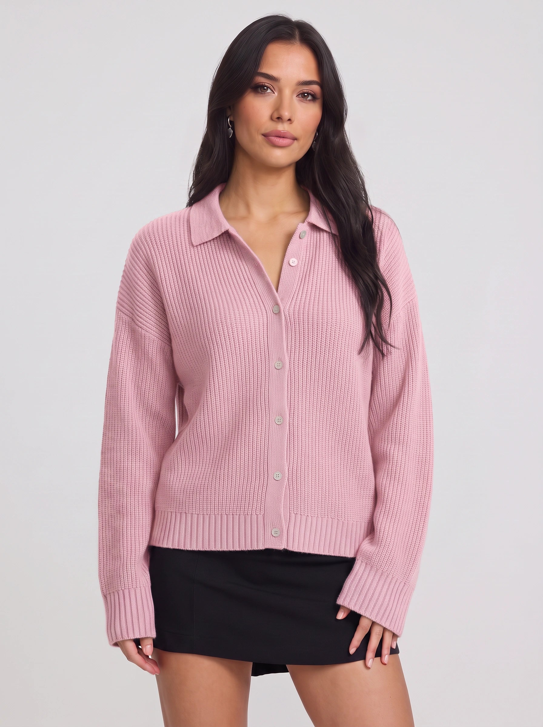 Ridgeknit Collared Button-Up Cardigan – Ribbed Knit Cardigan Sweater Women Casual Relaxed Fit Oversized Longline Top