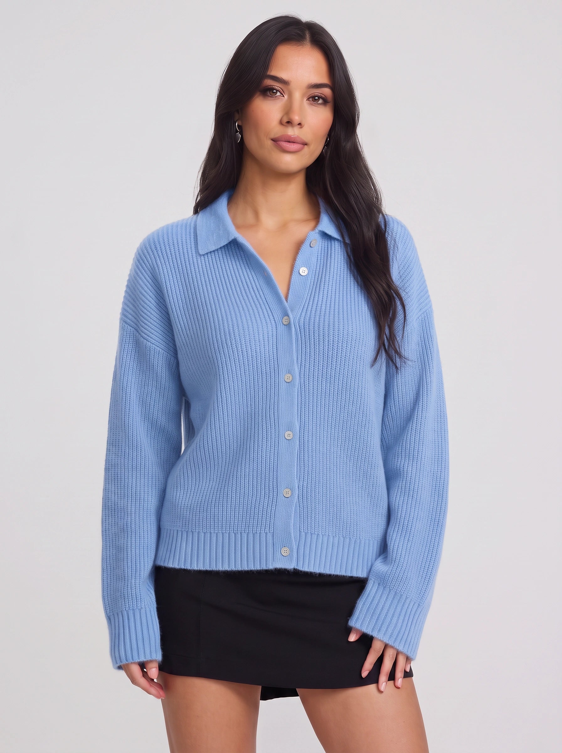Ridgeknit Collared Button-Up Cardigan – Ribbed Knit Cardigan Sweater Women Casual Relaxed Fit Oversized Longline Top