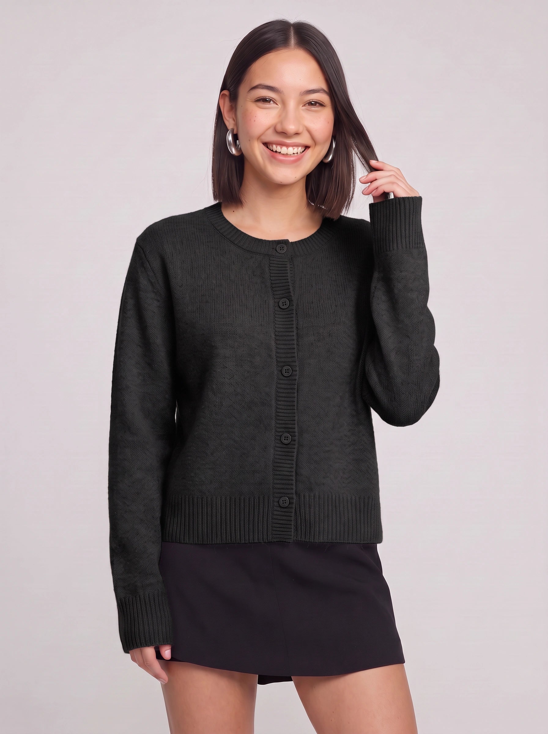 Ribston Button-Front Knit Cardigan – Women Crewneck Long Sleeve Soft Sweater Casual Office Workwear