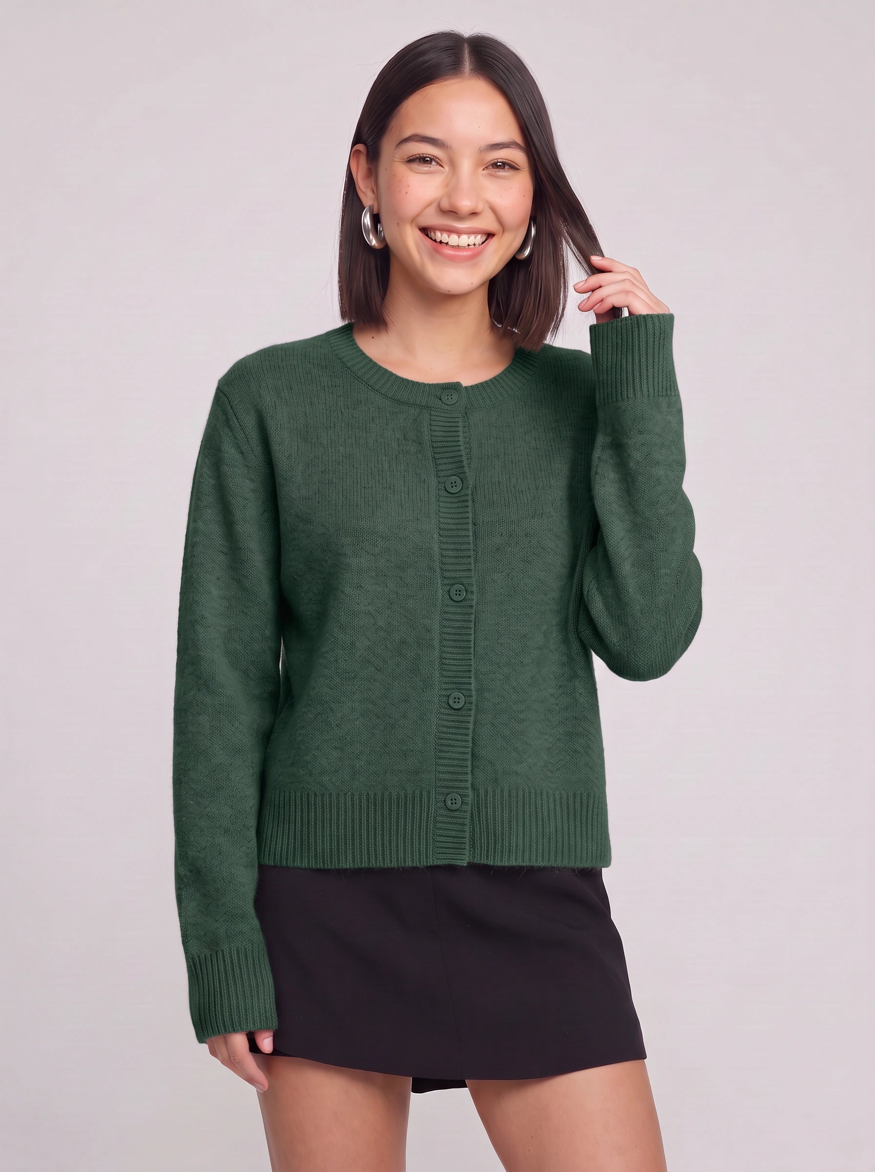 Ribston Button-Front Knit Cardigan – Women Crewneck Long Sleeve Soft Sweater Casual Office Workwear