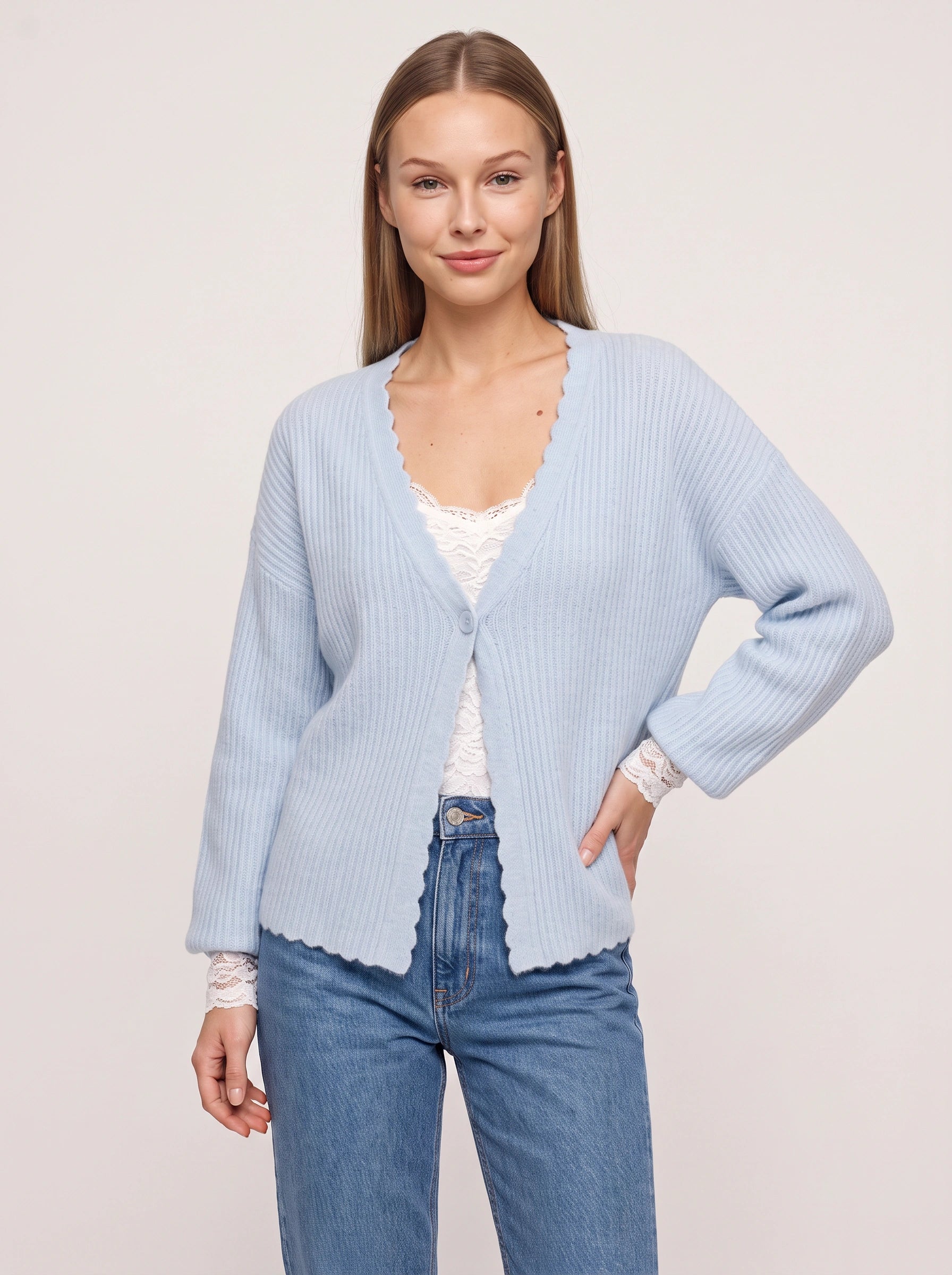 Ondine Scalloped Ribbed Cardigan – Lightweight V-Neck Button-Up Women Cozy Layering Knit Cardigan