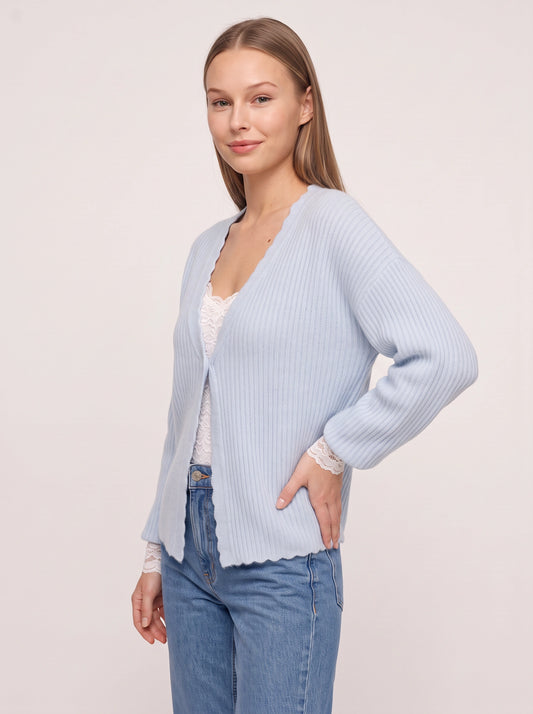 Ondine Scalloped Ribbed Cardigan – Lightweight V-Neck Button-Up Women Cozy Layering Knit Cardigan