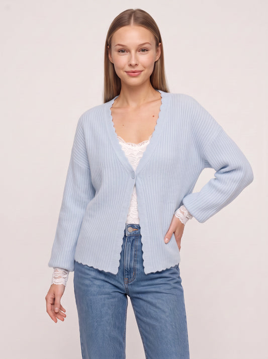 Ondine Scalloped Ribbed Cardigan – Lightweight V-Neck Button-Up Women Cozy Layering Knit Cardigan