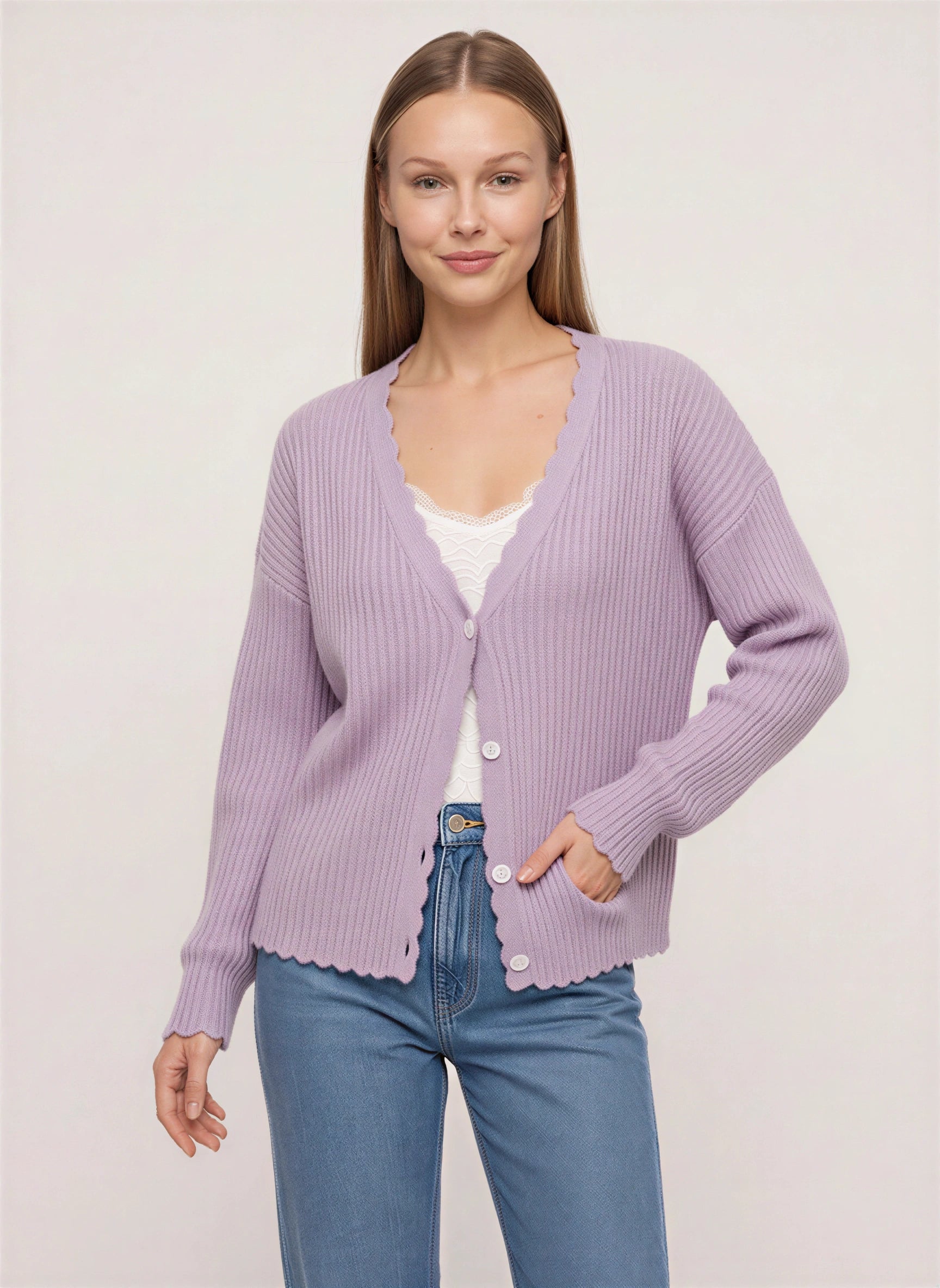 Ondine Scalloped Ribbed Cardigan – Lightweight V-Neck Button-Up Women Cozy Layering Knit Cardigan