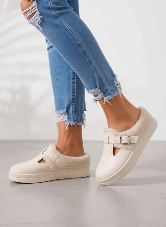 Furreto Buckle T-Bar Slip-On Shoes – Fleece Lined Platform Women Casual Cozy Indoor Outdoor Sandals