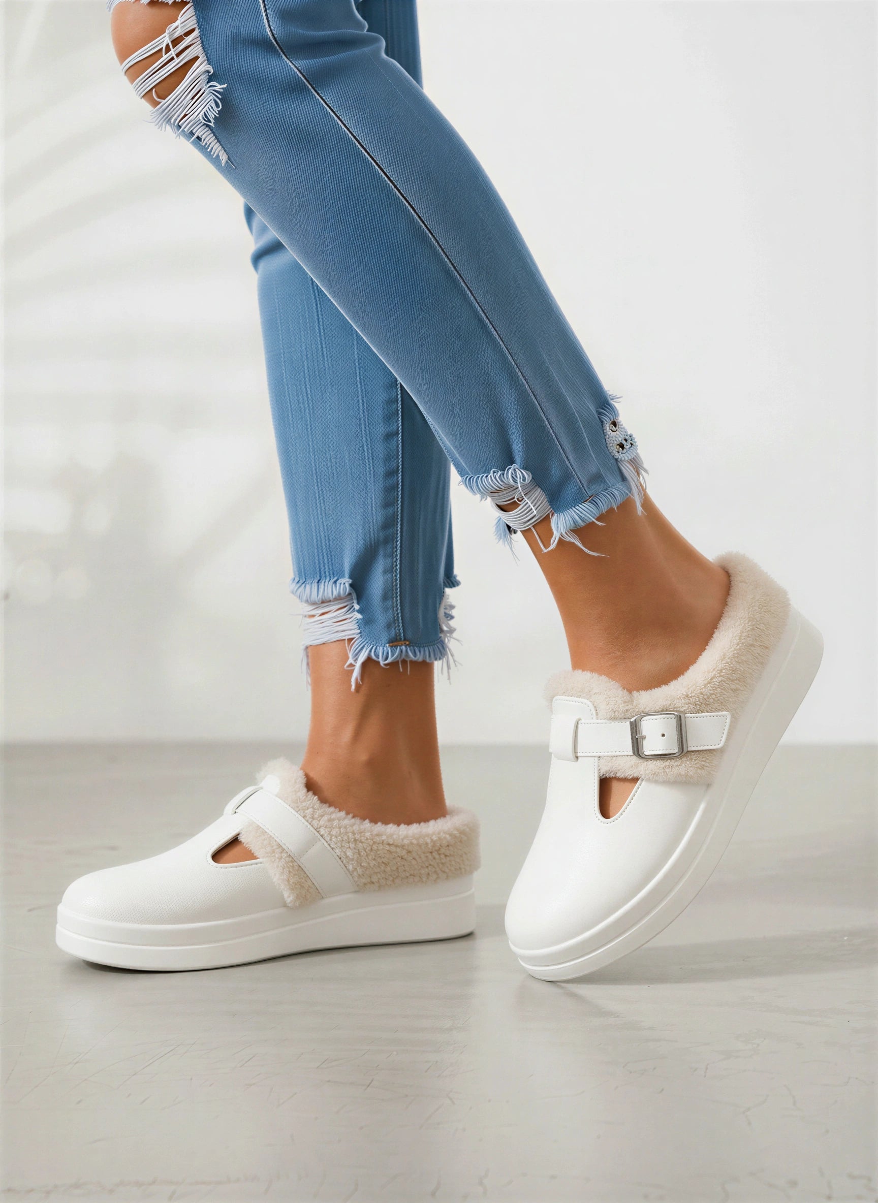 Furreto Buckle T-Bar Slip-On Shoes – Fleece Lined Platform Women Casual Cozy Indoor Outdoor Sandals