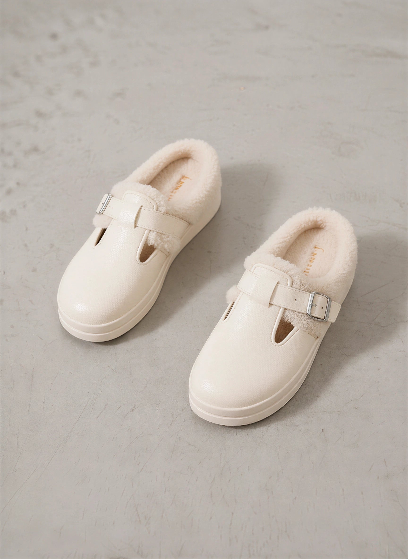 Furreto Buckle T-Bar Slip-On Shoes – Fleece Lined Platform Women Casual Cozy Indoor Outdoor Sandals