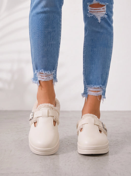 Furreto Buckle T-Bar Slip-On Shoes – Fleece Lined Platform Women Casual Cozy Indoor Outdoor Sandals