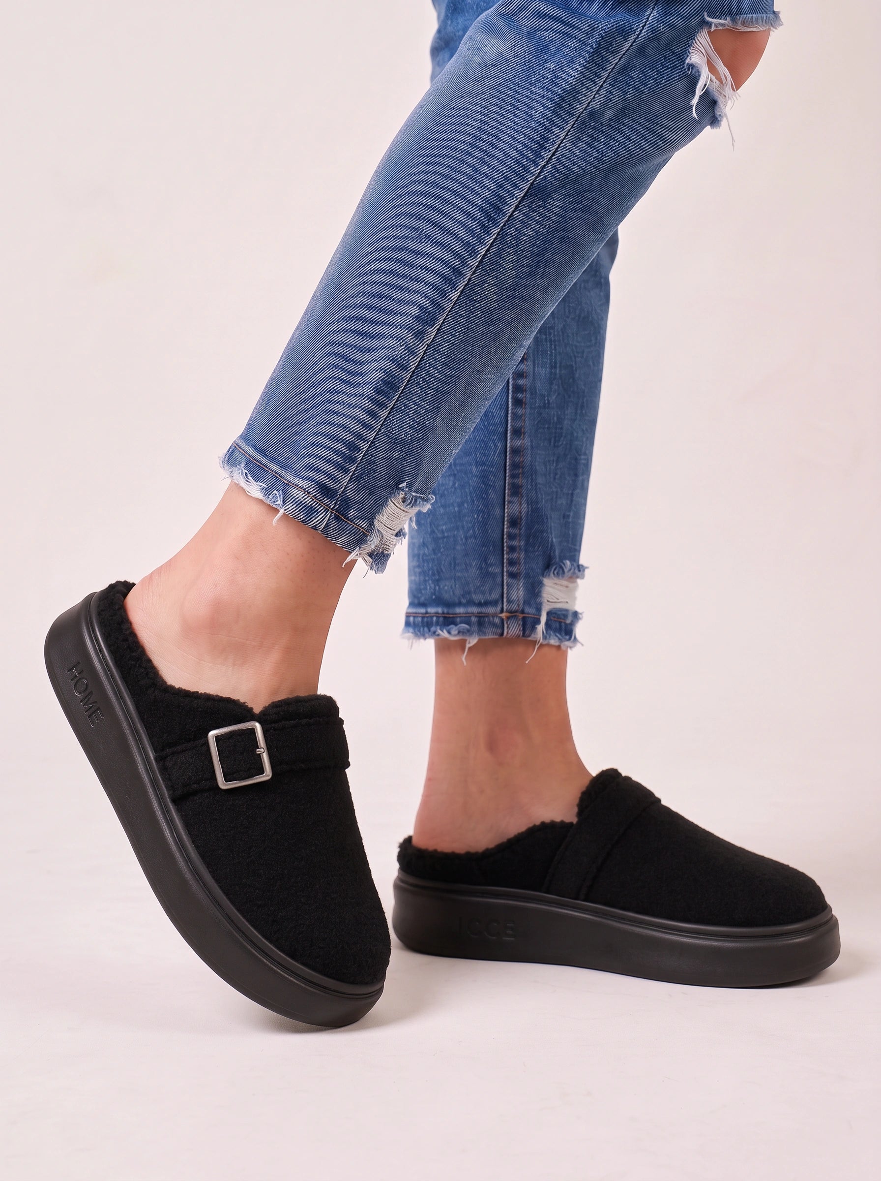 Nuvola Faux Fur Buckle Slippers – Women Slip On Loafers Indoor House Shoes Cozy Cushioned Mule Slippers