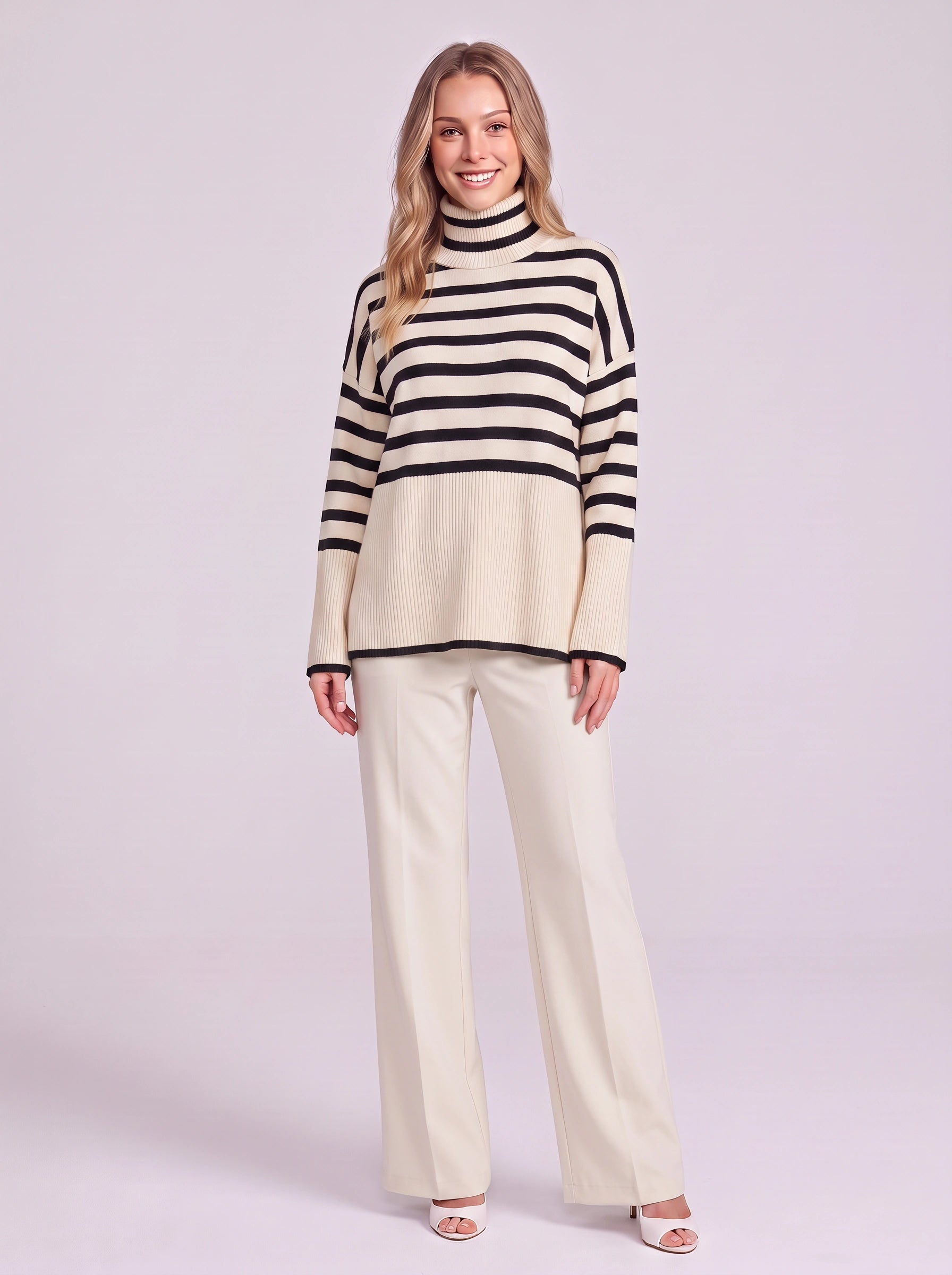 Rivène Striped Turtleneck Sweater Set – Women Lounge Knit Two Piece Casual Relaxed Fit Sweater Pants Set