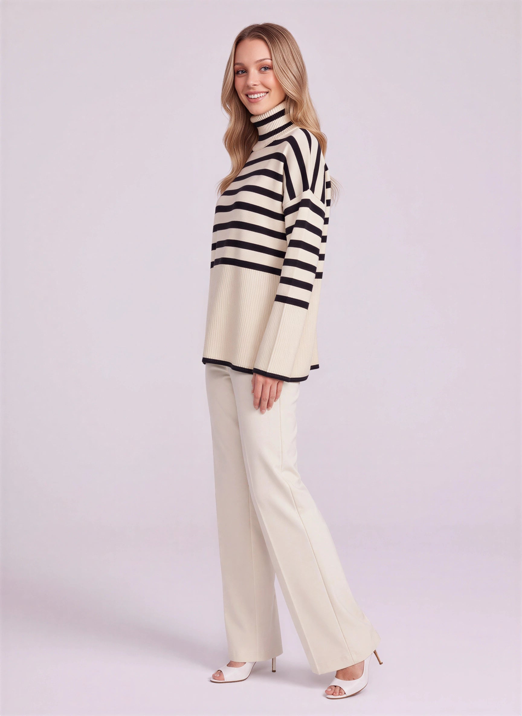 Rivène Striped Turtleneck Sweater Set – Women Lounge Knit Two Piece Casual Relaxed Fit Sweater Pants Set