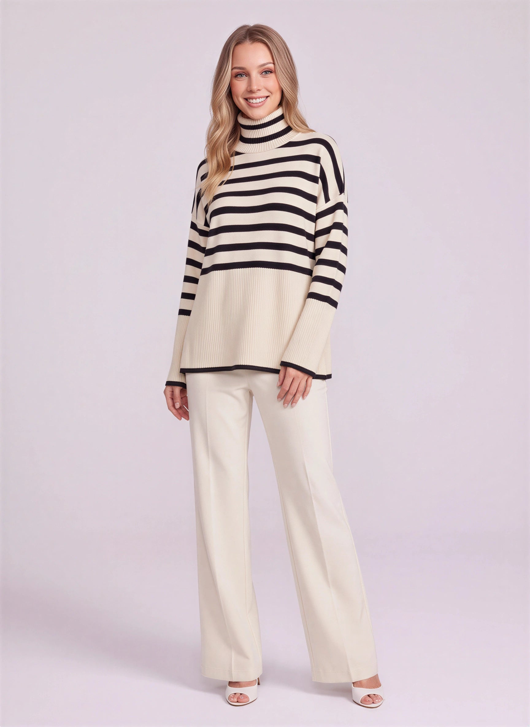 Rivène Striped Turtleneck Sweater Set – Women Lounge Knit Two Piece Casual Relaxed Fit Sweater Pants Set