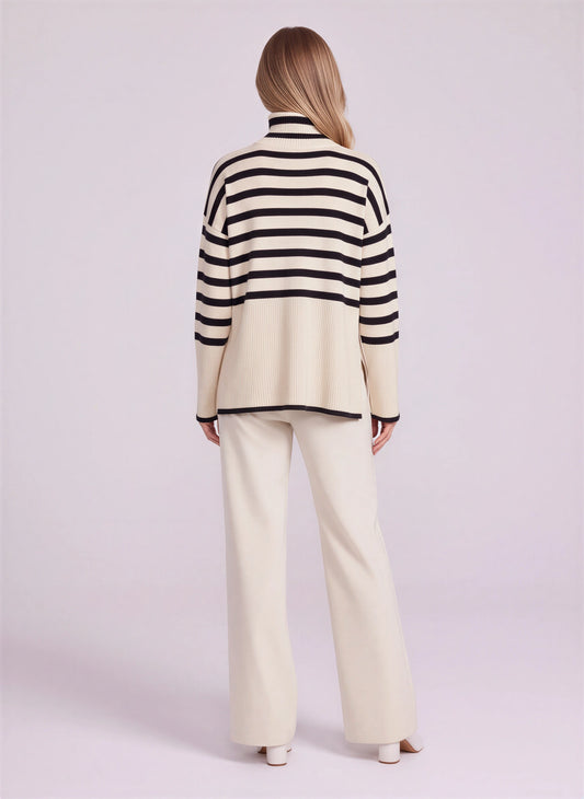 Rivène Striped Turtleneck Sweater Set – Women Lounge Knit Two Piece Casual Relaxed Fit Sweater Pants Set
