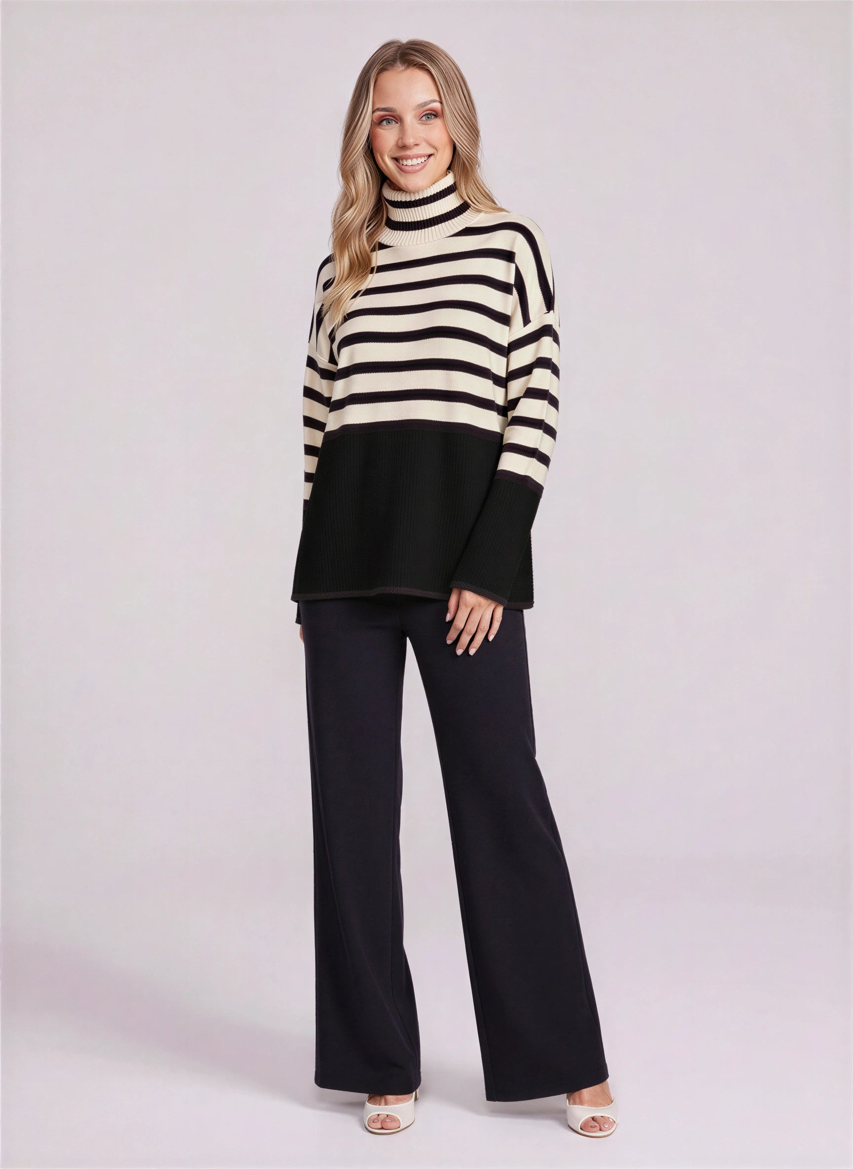 Rivène Striped Turtleneck Sweater Set – Women Lounge Knit Two Piece Casual Relaxed Fit Sweater Pants Set