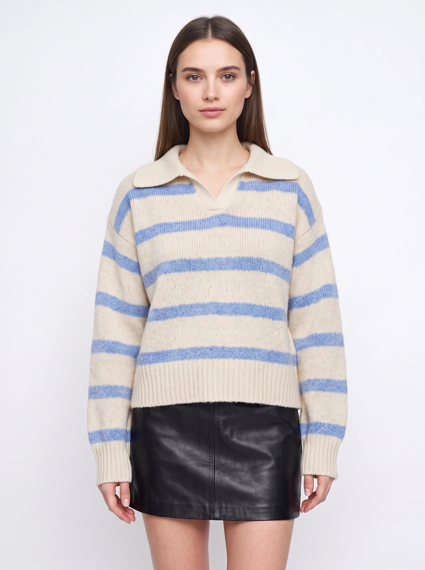 Rigavia Striped Polo Collar Sweater – Oversized Knit Women Winter Casual Streetwear Pullover Top