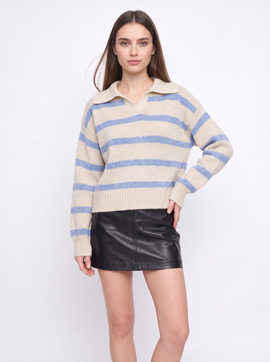Rigavia Striped Polo Collar Sweater – Oversized Knit Women Winter Casual Streetwear Pullover Top