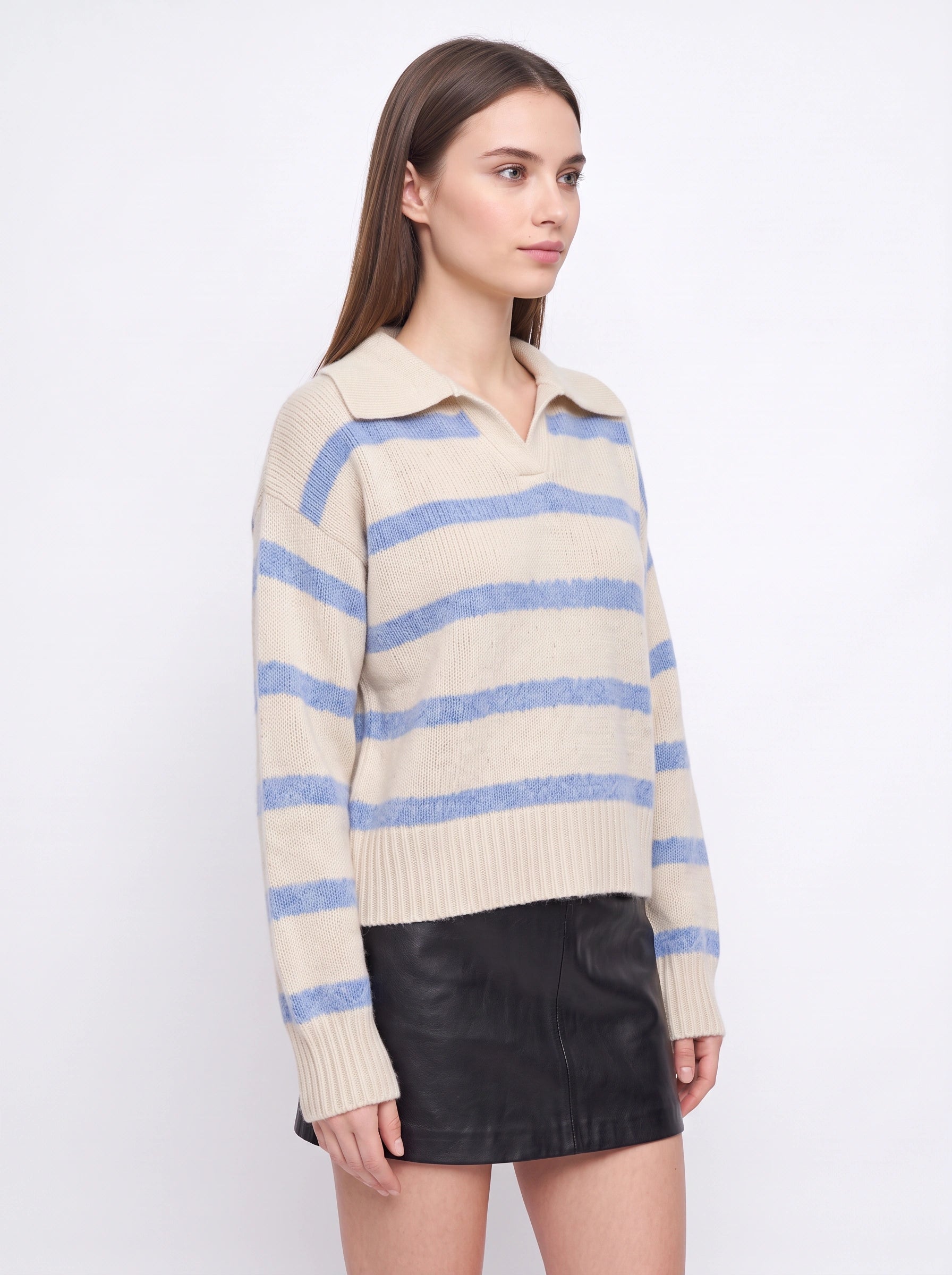 Rigavia Striped Polo Collar Sweater – Oversized Knit Women Winter Casual Streetwear Pullover Top