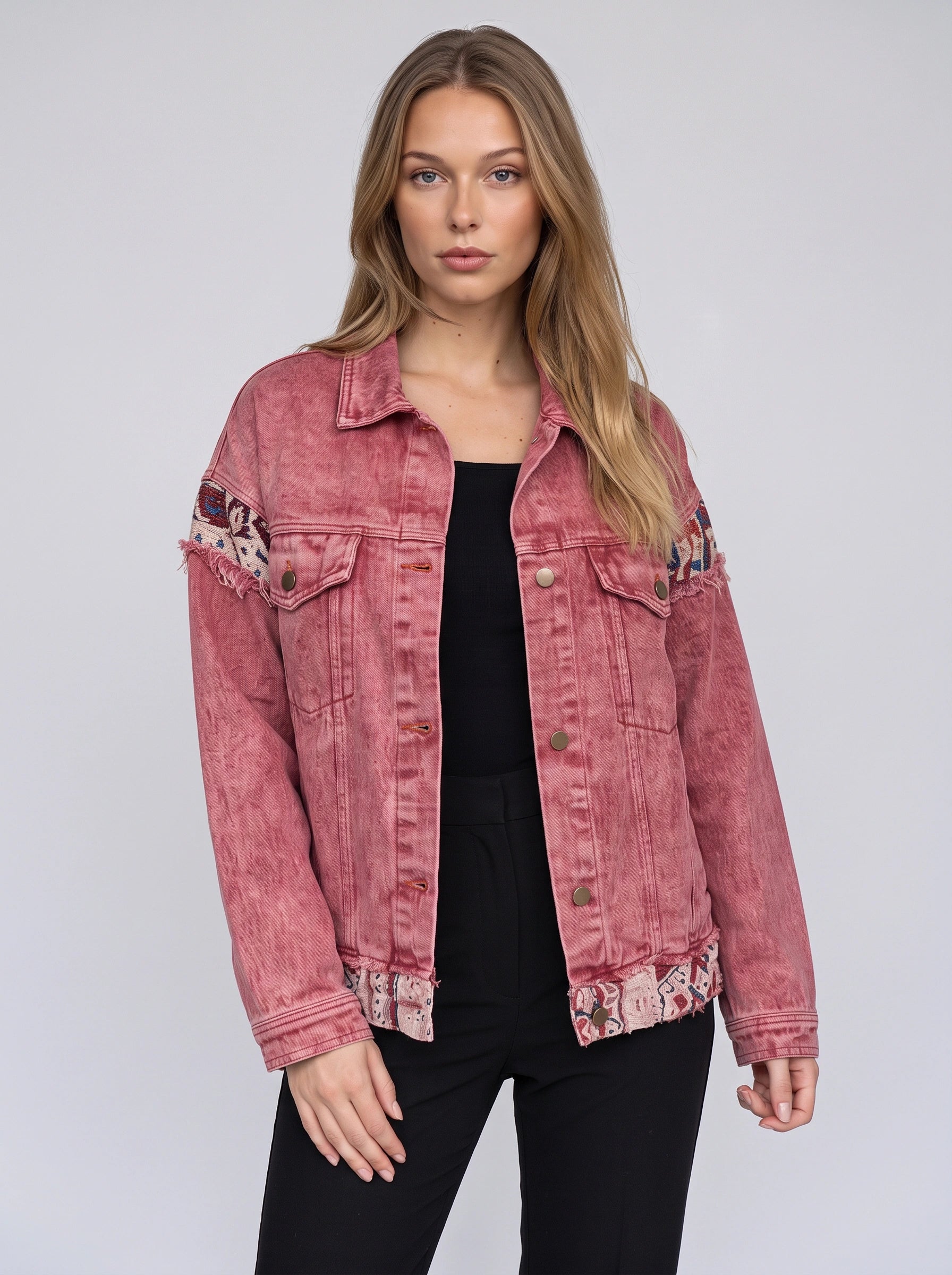 Rosard Oversized Denim Jacket – Embroidered Patchwork Women Distressed Casual Streetwear Denim Jacket