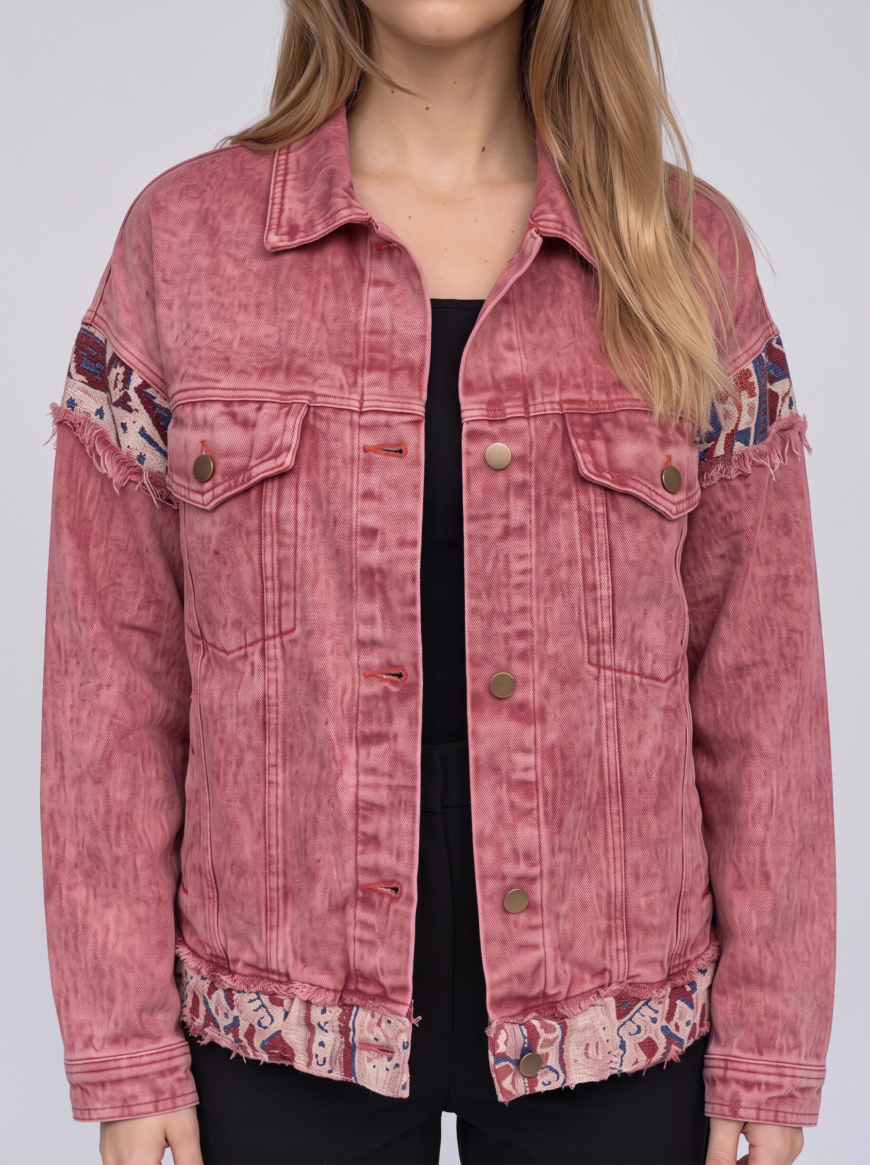 Rosard Oversized Denim Jacket – Embroidered Patchwork Women Distressed Casual Streetwear Denim Jacket