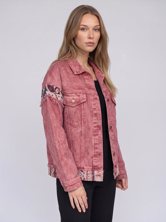 Rosard Oversized Denim Jacket – Embroidered Patchwork Women Distressed Casual Streetwear Denim Jacket