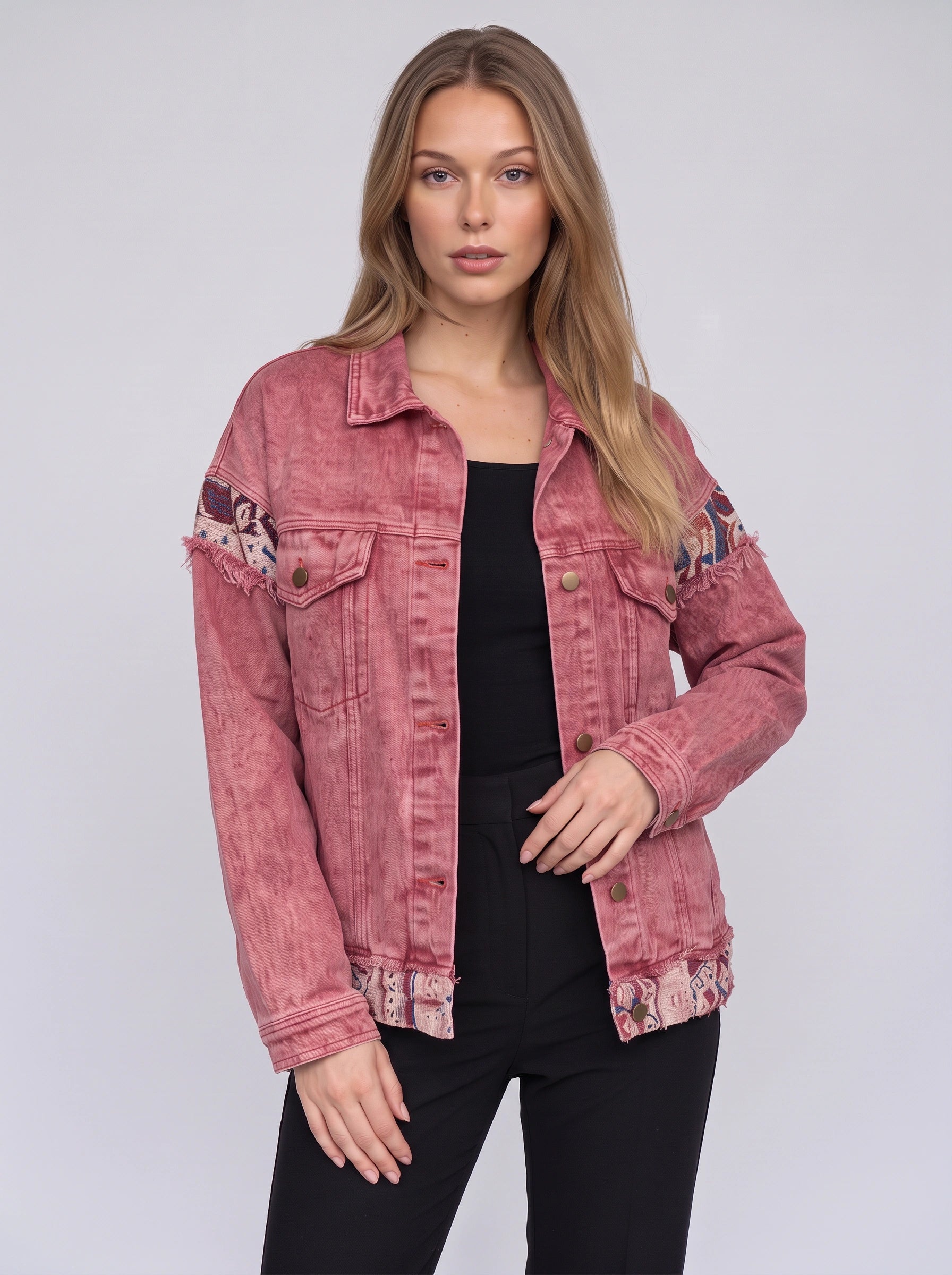 Rosard Oversized Denim Jacket – Embroidered Patchwork Women Distressed Casual Streetwear Denim Jacket