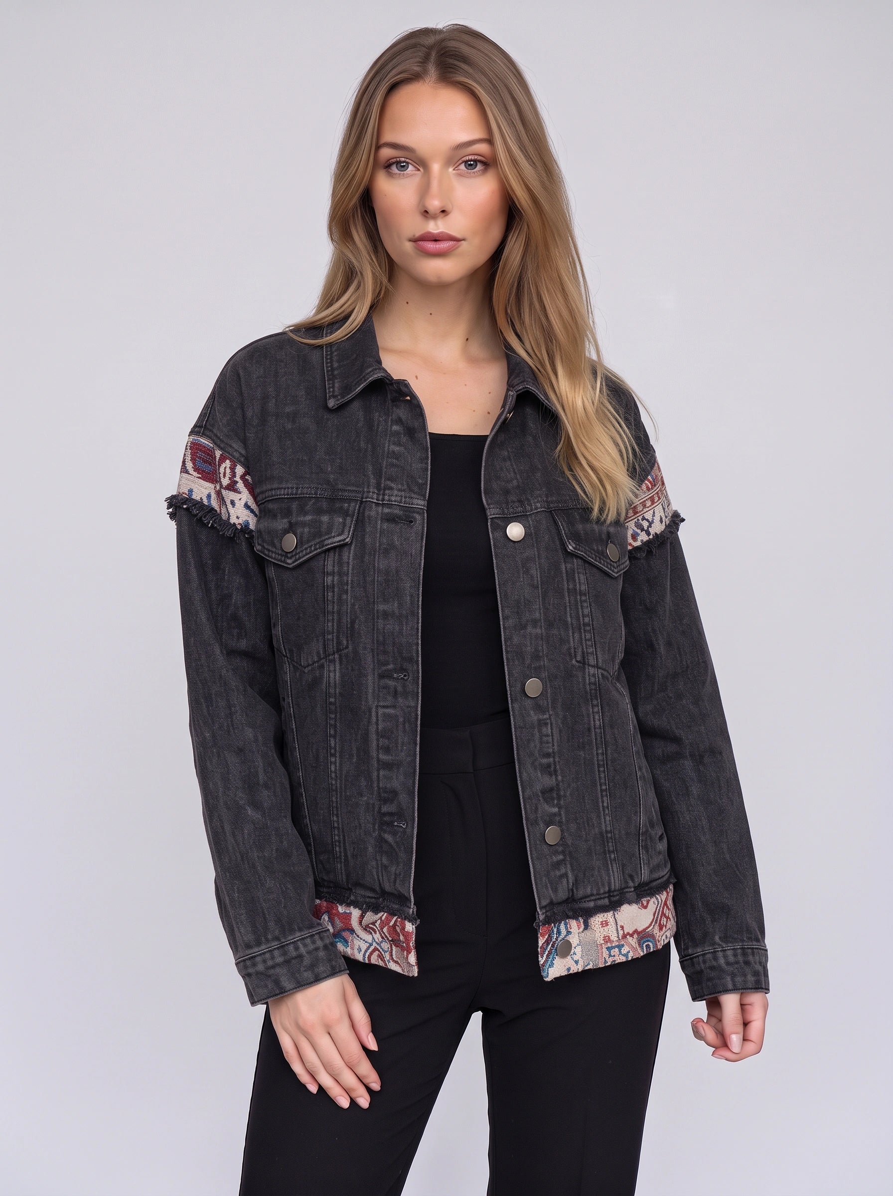 Rosard Oversized Denim Jacket – Embroidered Patchwork Women Distressed Casual Streetwear Denim Jacket