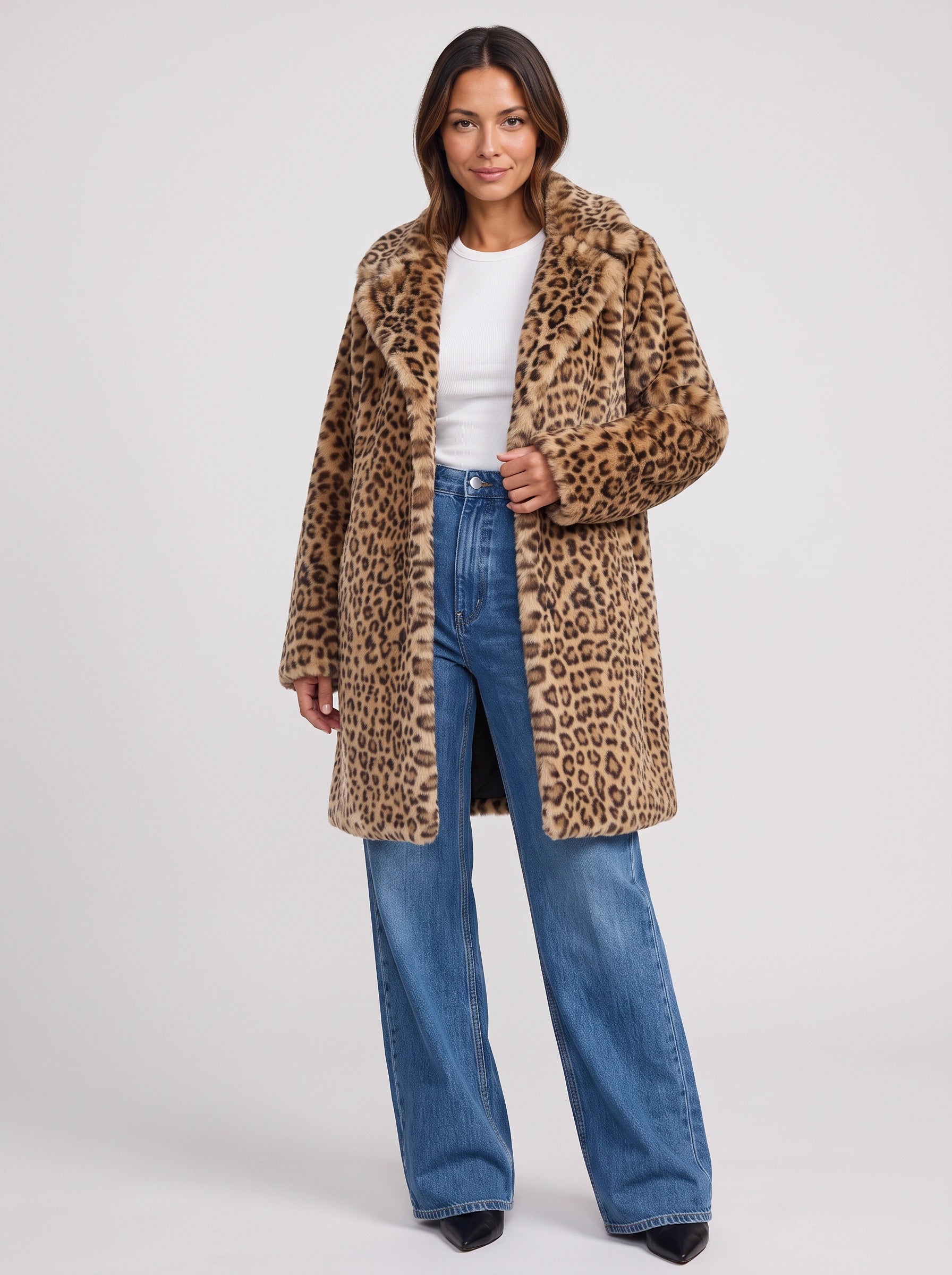Manchiri Notched Collar Faux Fur Coat – Leopard Print Women Winter Outerwear Jacket Long Soft Coat