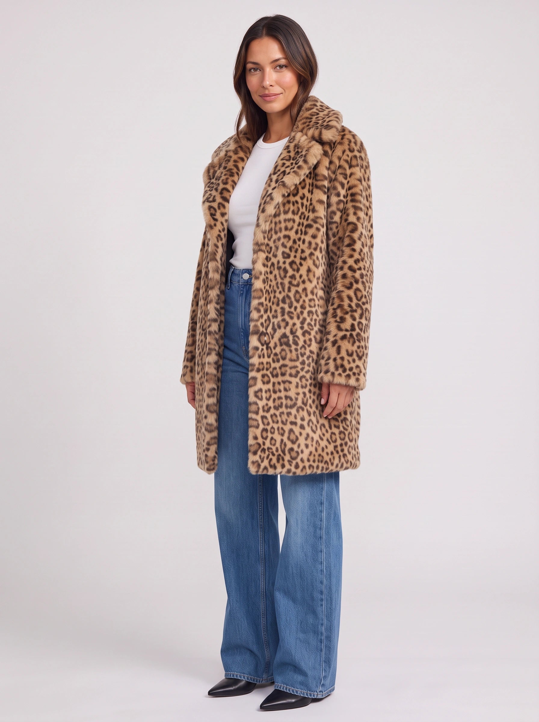 Manchiri Notched Collar Faux Fur Coat – Leopard Print Women Winter Outerwear Jacket Long Soft Coat