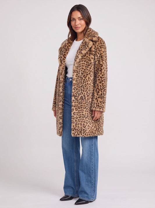 Manteau en fausse fourrure à col cranté Manchiri – Veste d’extérieur d’hiver pour femme, imprimé léopard, long manteau souple
