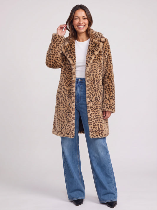 Manteau en fausse fourrure à col cranté Manchiri – Veste d’extérieur d’hiver pour femme, imprimé léopard, long manteau souple