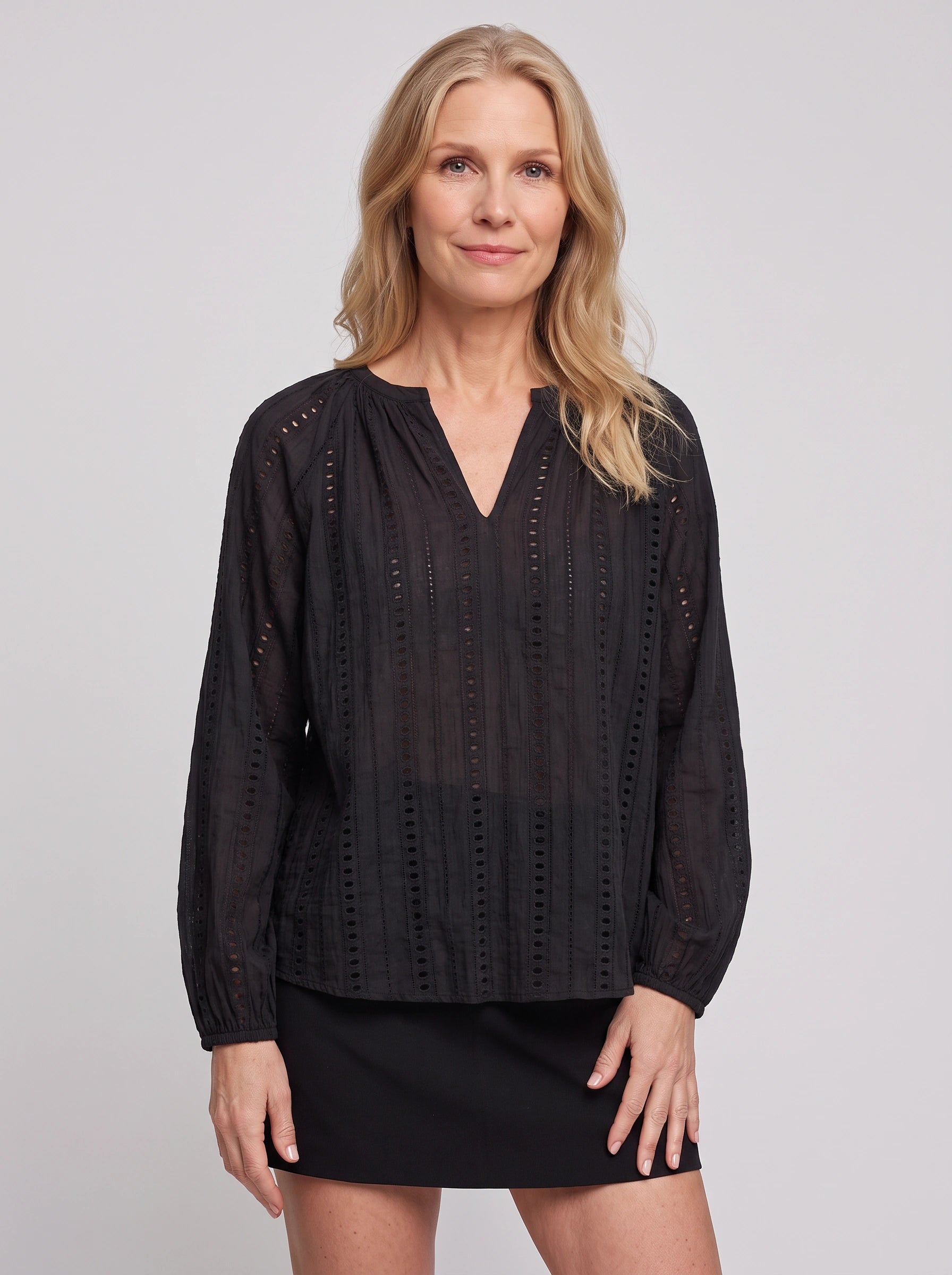 Brodara Eyelet V-Neck Blouse – Long Sleeve Women Winter Embroidered Lace Peasant Boho V Neck Top