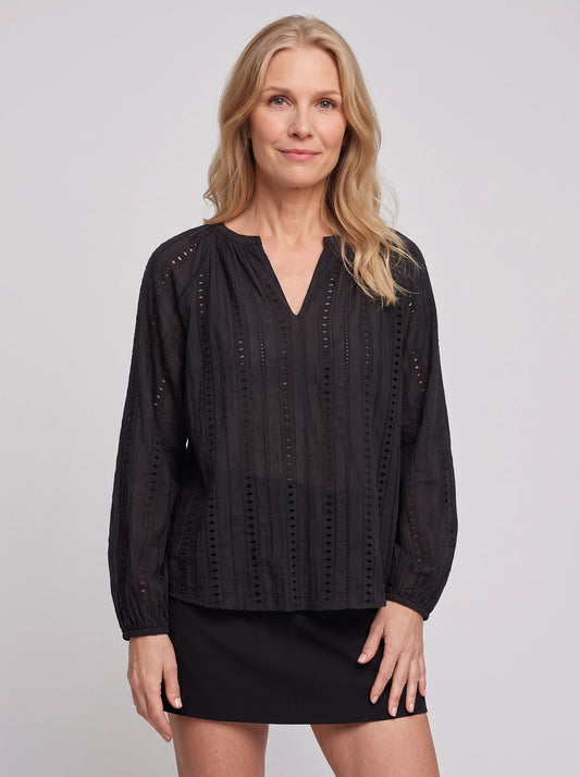 Brodara Eyelet V-Neck Blouse – Long Sleeve Women Winter Embroidered Lace Peasant Boho V Neck Top