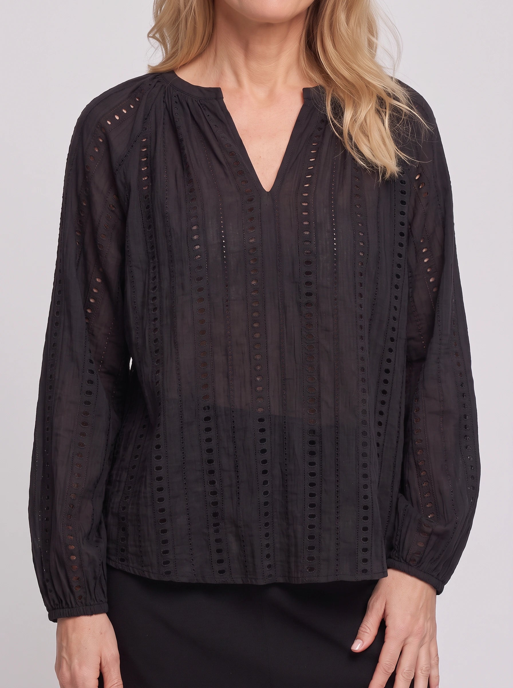 Brodara Eyelet V-Neck Blouse – Long Sleeve Women Winter Embroidered Lace Peasant Boho V Neck Top