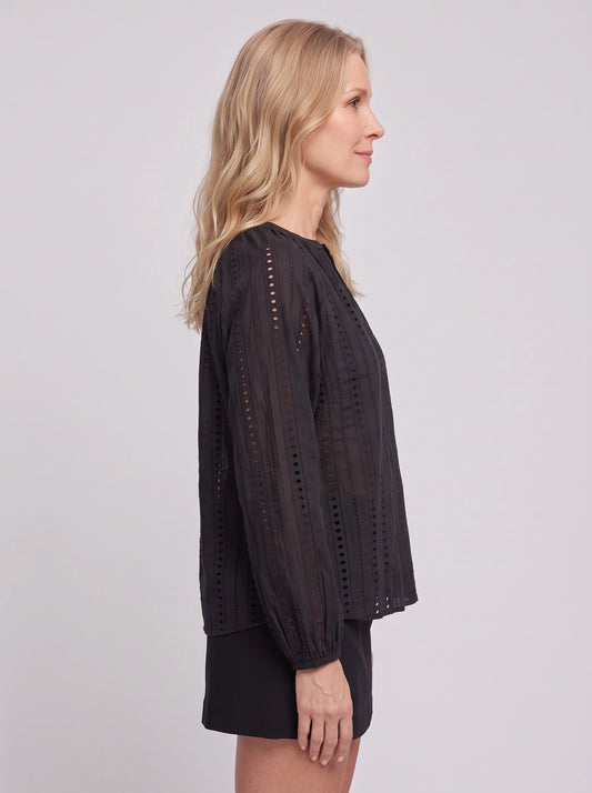 Brodara Eyelet V-Neck Blouse – Long Sleeve Women Winter Embroidered Lace Peasant Boho V Neck Top