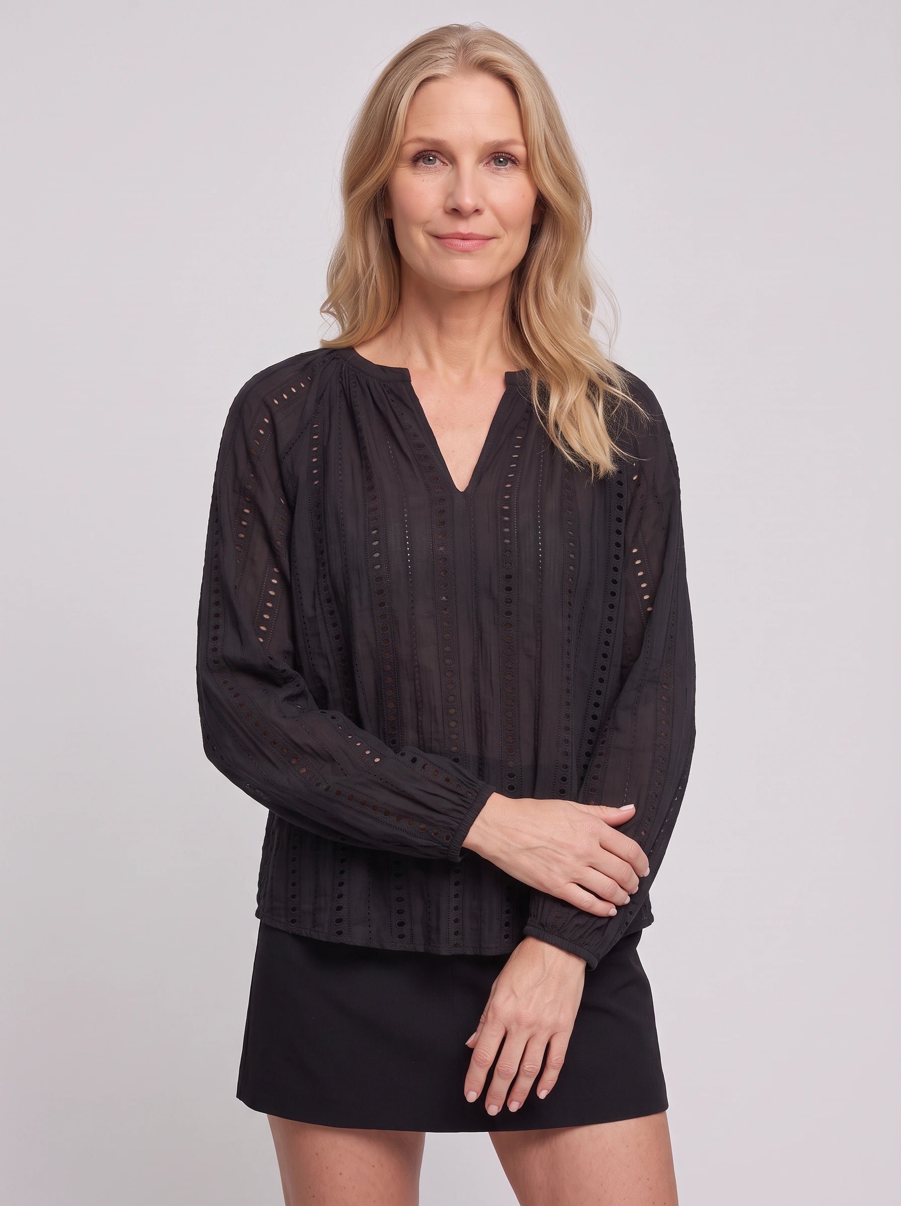 Brodara Eyelet V-Neck Blouse – Long Sleeve Women Winter Embroidered Lace Peasant Boho V Neck Top