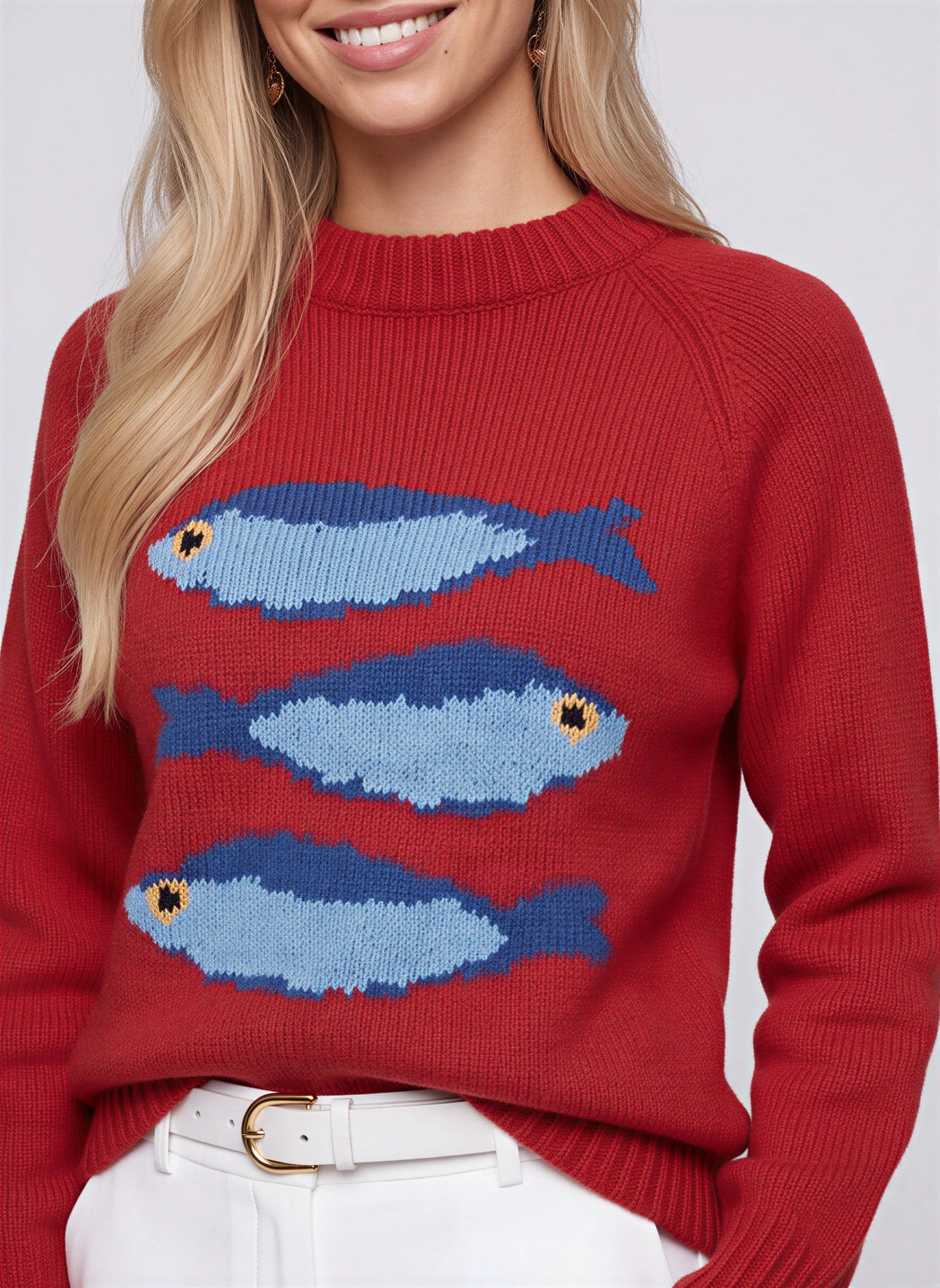 Pescade Fish Motif Crew Neck Sweater – Knitted Pullover Women Casual Novelty Winter Cozy Chunky Sweater