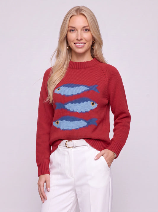 Pescade Fish Motif Crew Neck Sweater – Knitted Pullover Women Casual Novelty Winter Cozy Chunky Sweater