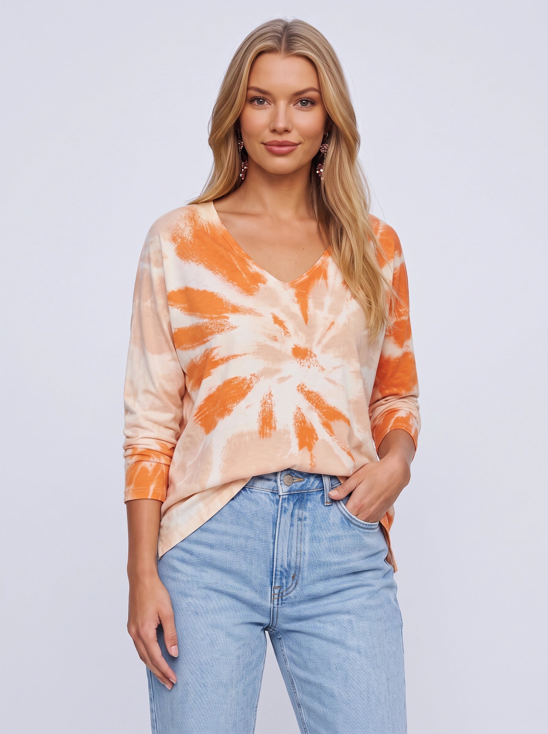 Sunray Oversized V-Neck Blouse – Tie-Dye Long Sleeve Women Casual Slouchy Relaxed Fit Shirts Tops