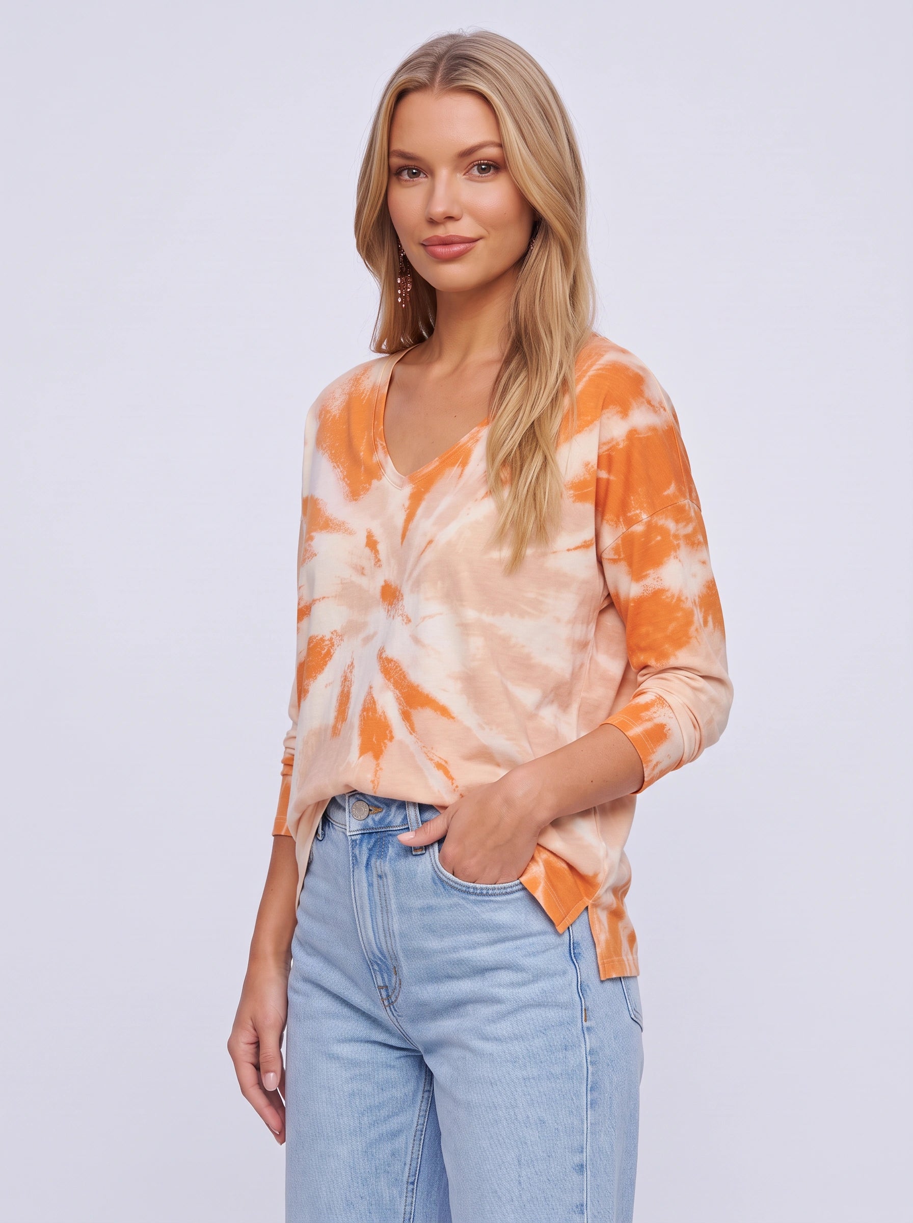 Sunray Oversized V-Neck Blouse – Tie-Dye Long Sleeve Women Casual Slouchy Relaxed Fit Shirts Tops